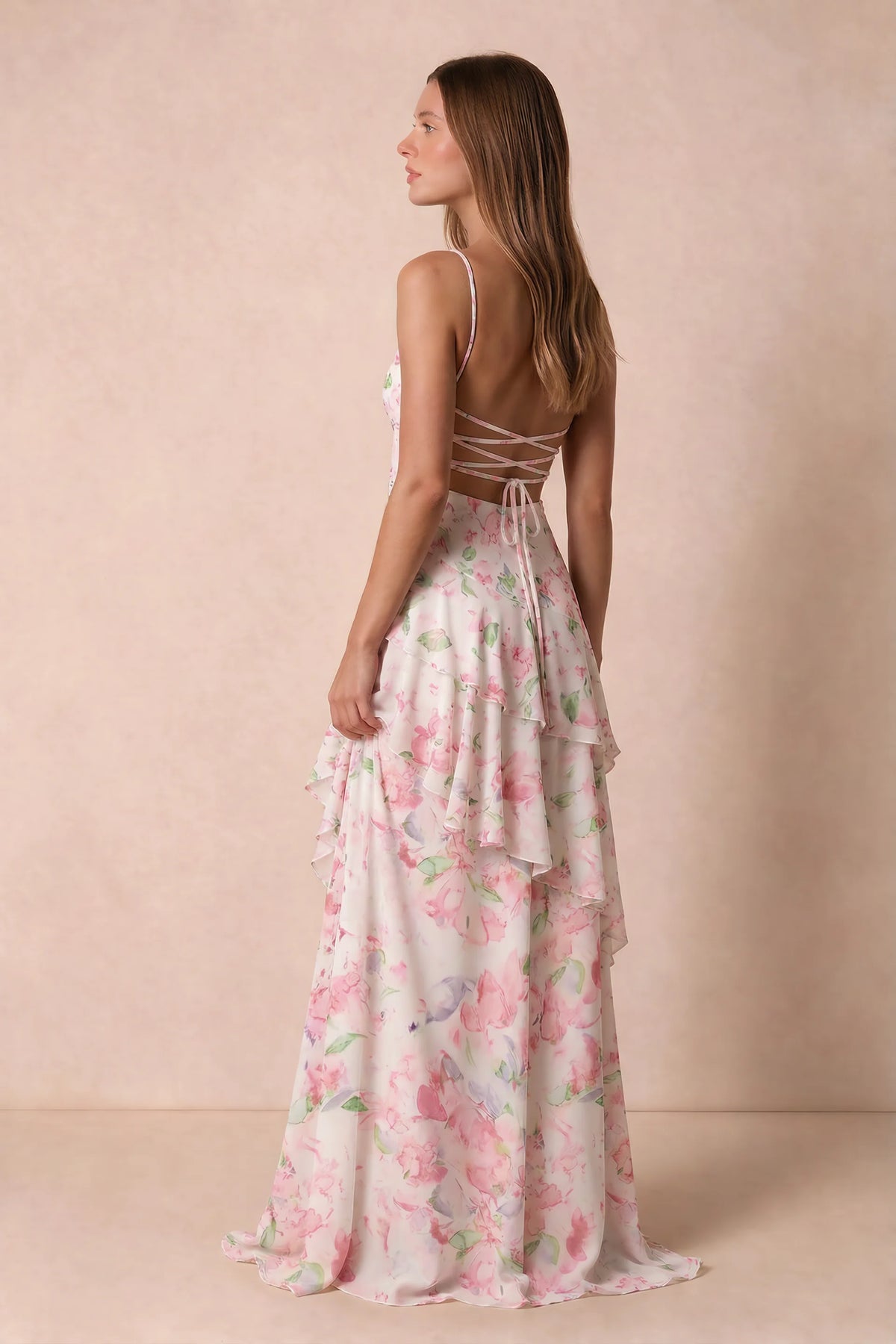 Rosalie Abstract Watercolor Floral Chiffon Tiered Ruffle Sweetheart Maxi Dress
