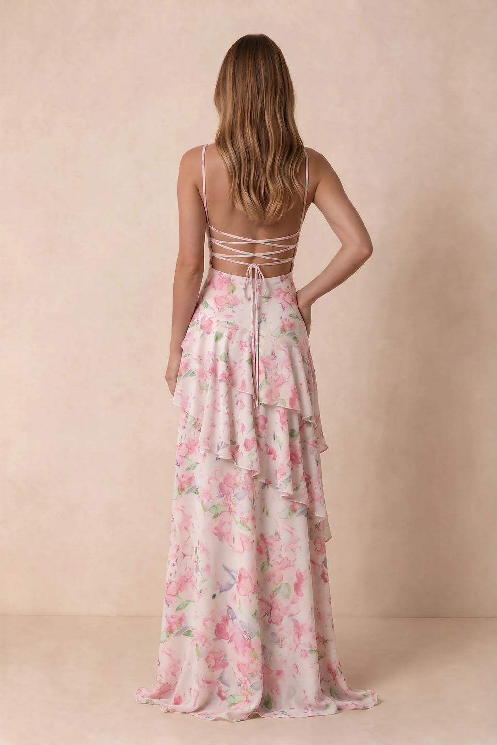 Rosalie Abstract Watercolor Floral Chiffon Tiered Ruffle Sweetheart Maxi Dress