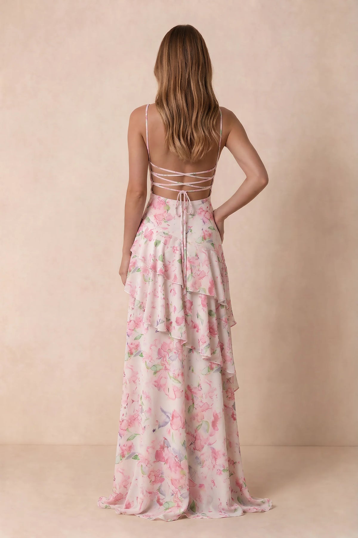 Rosalie Abstract Watercolor Floral Chiffon Tiered Ruffle Sweetheart Maxi Dress