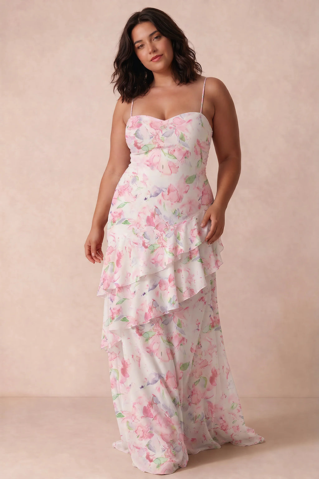 Rosalie Abstract Watercolor Floral Chiffon Tiered Ruffle Sweetheart Maxi Dress