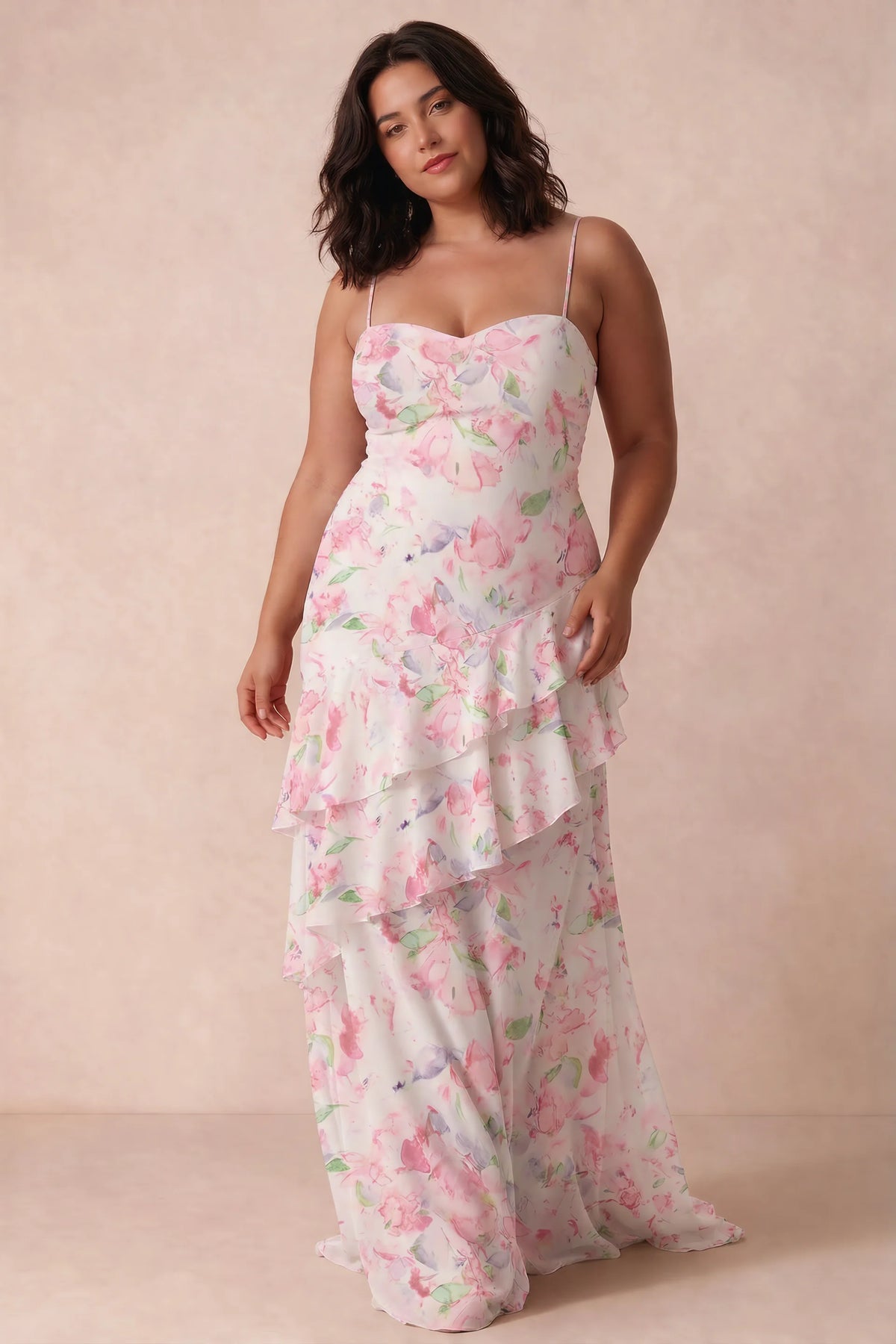 Rosalie Abstract Watercolor Floral Chiffon Tiered Ruffle Sweetheart Maxi Dress