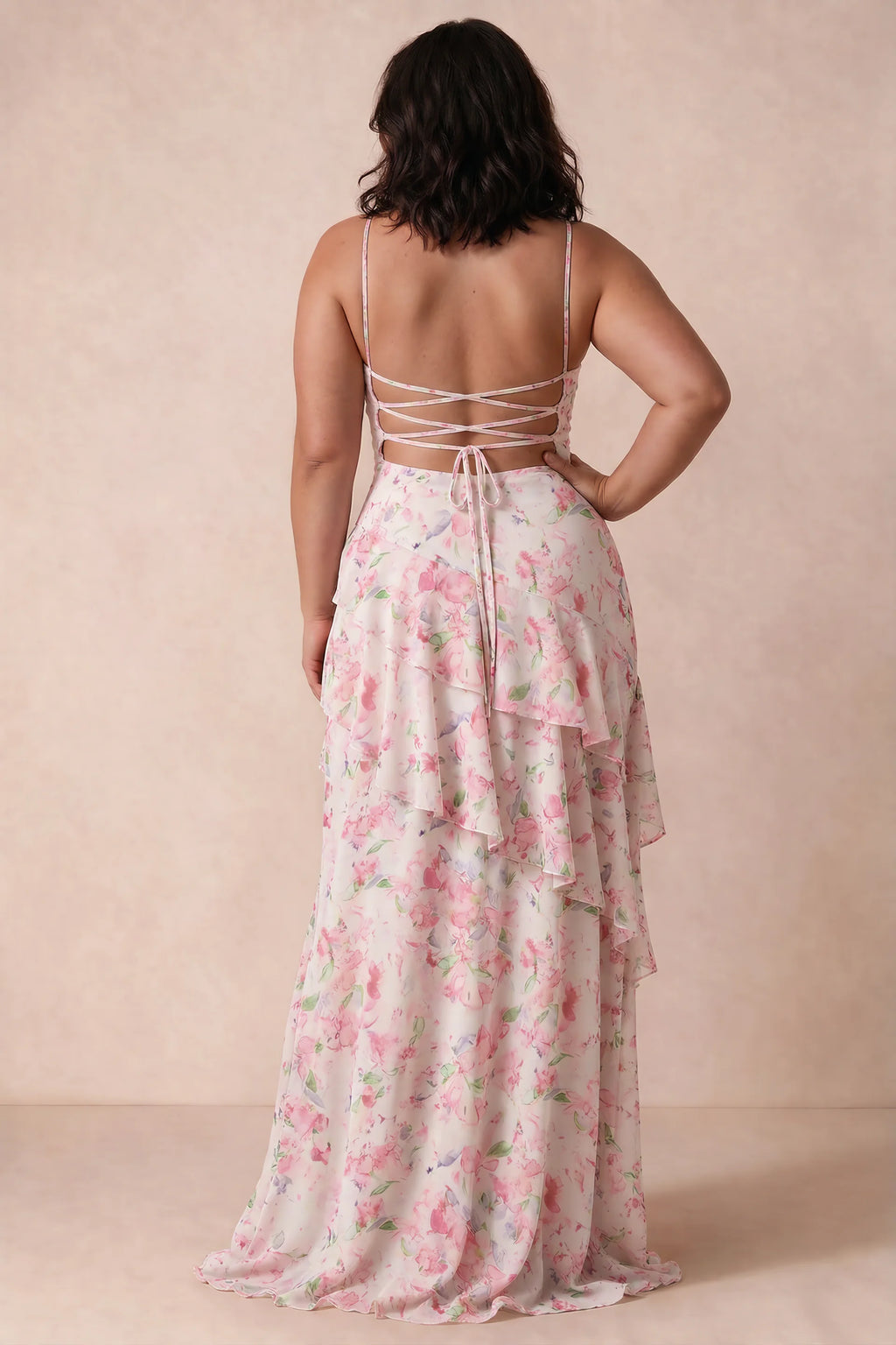 Rosalie Abstract Watercolor Floral Chiffon Tiered Ruffle Sweetheart Maxi Dress