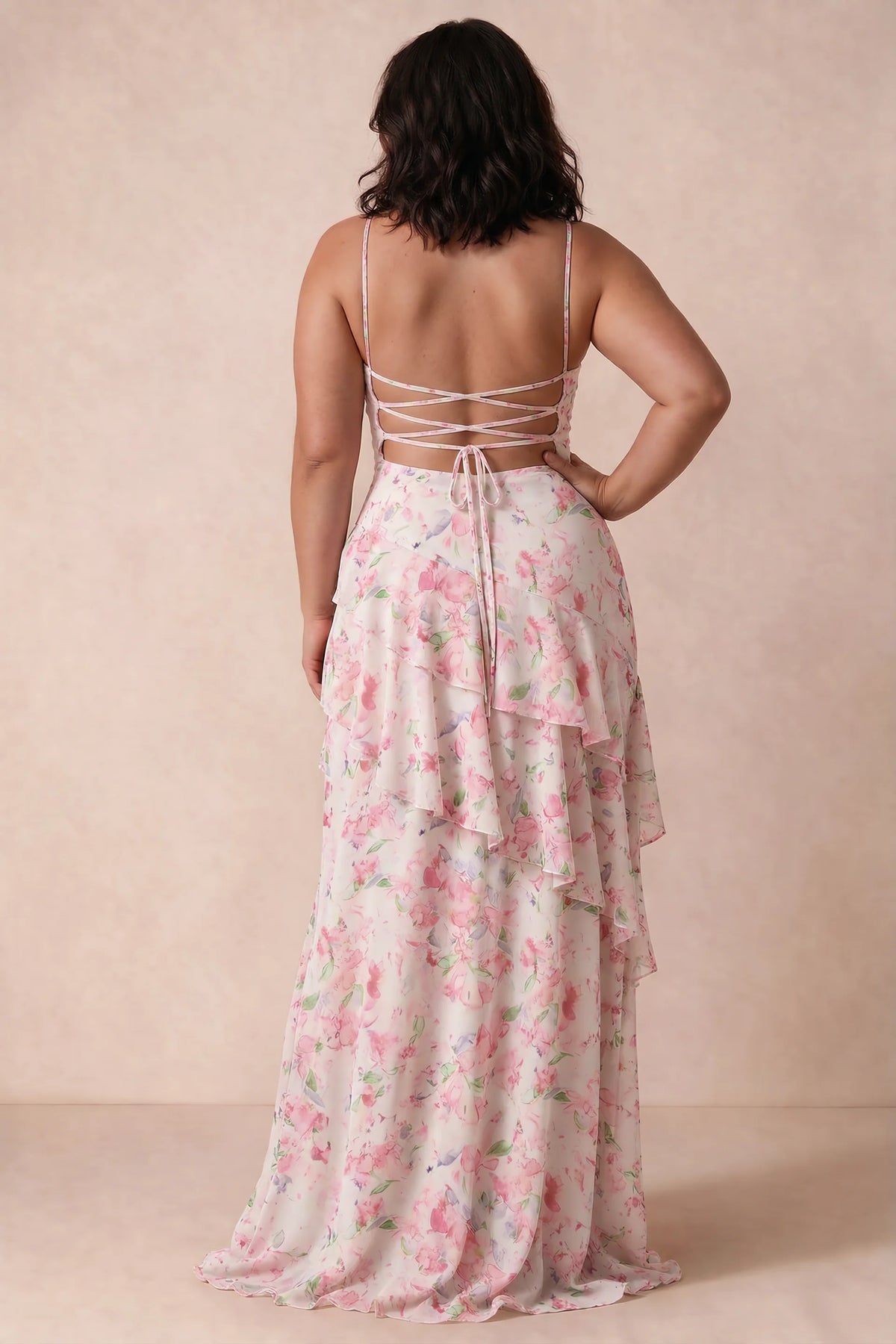 Rosalie Abstract Watercolor Floral Chiffon Tiered Ruffle Sweetheart Maxi Dress