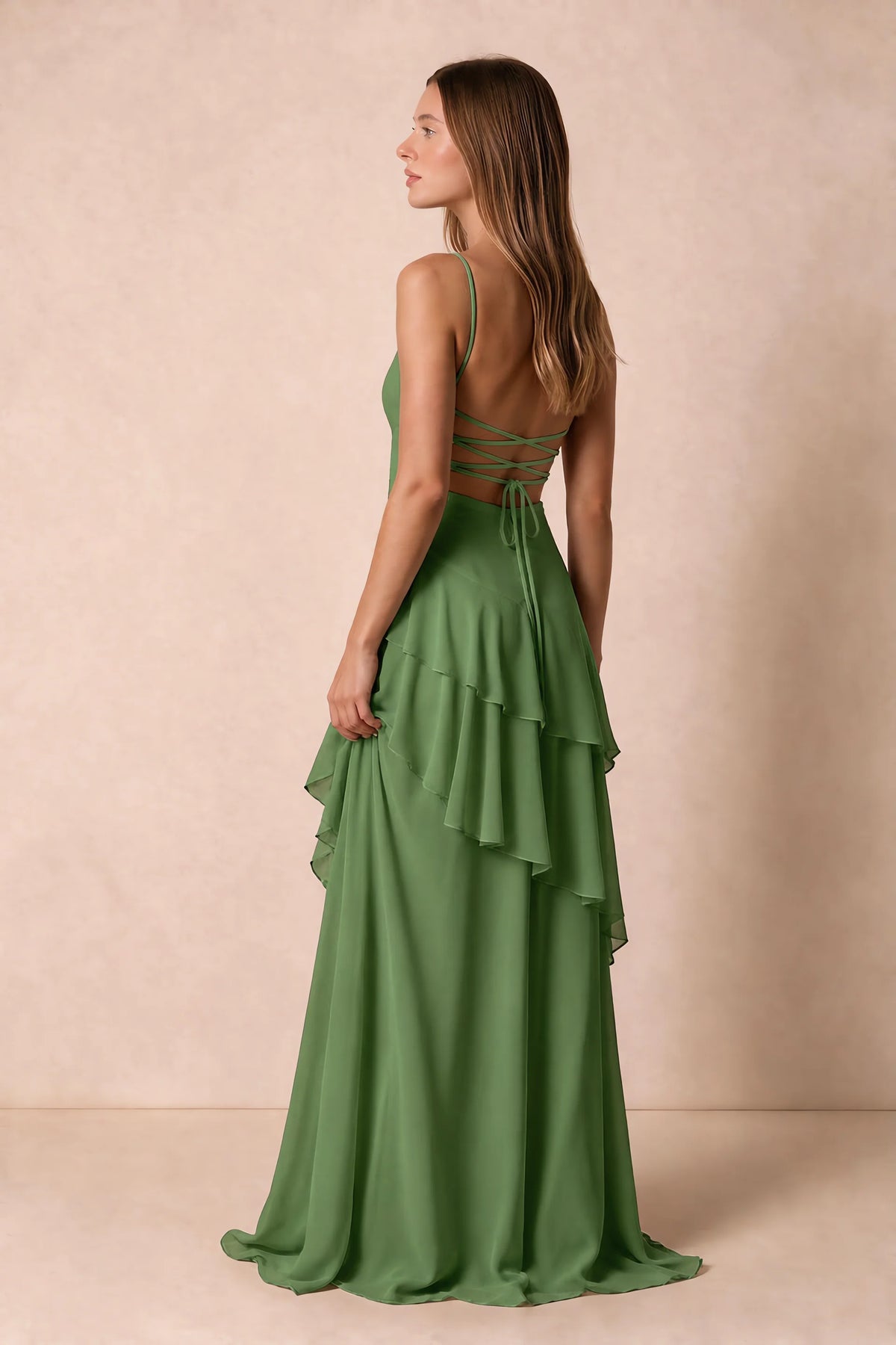 Rosalie Basil Chiffon Tiered Ruffle Sweetheart Maxi Dress