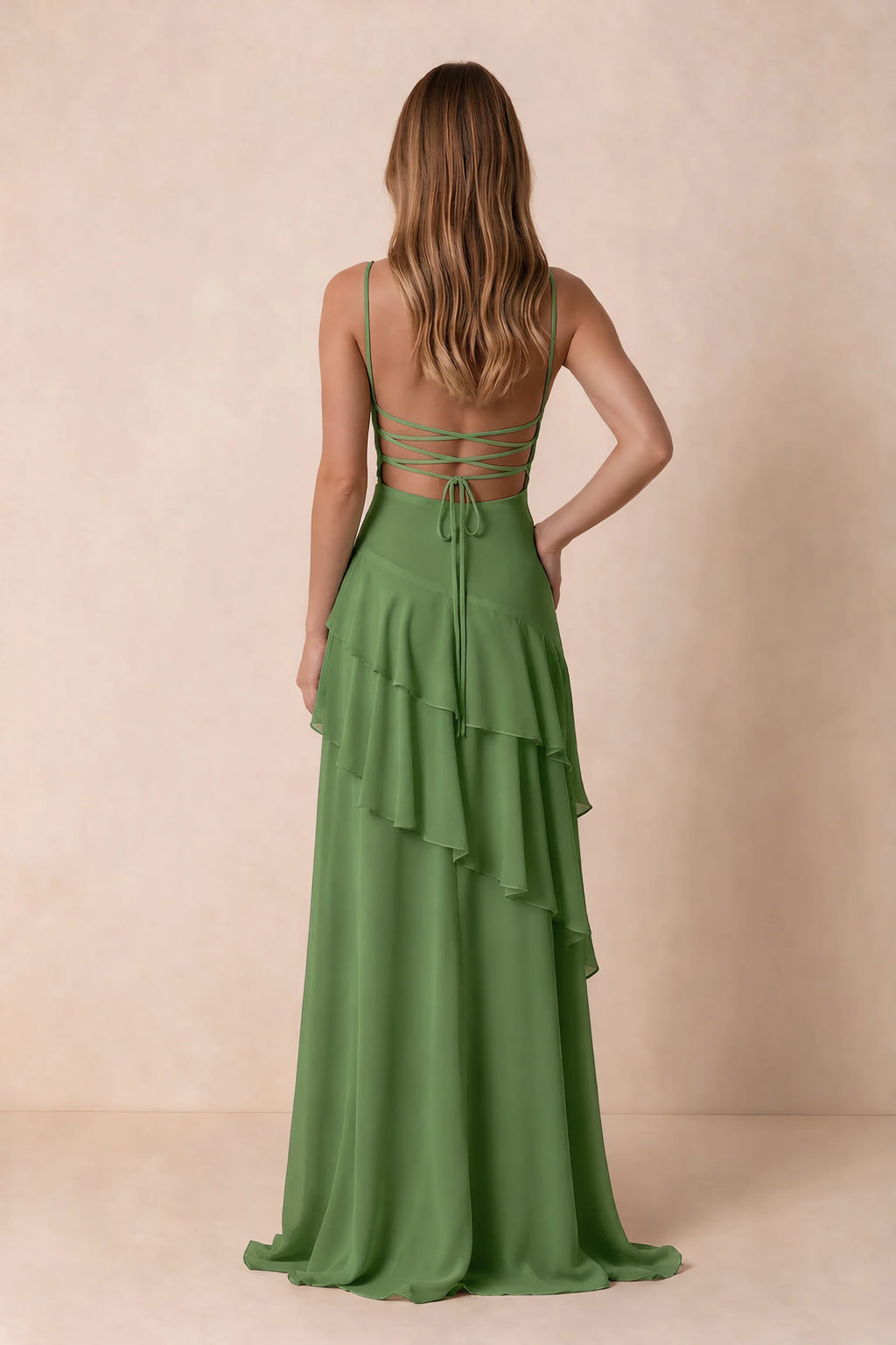 Rosalie Basil Chiffon Tiered Ruffle Sweetheart Maxi Dress