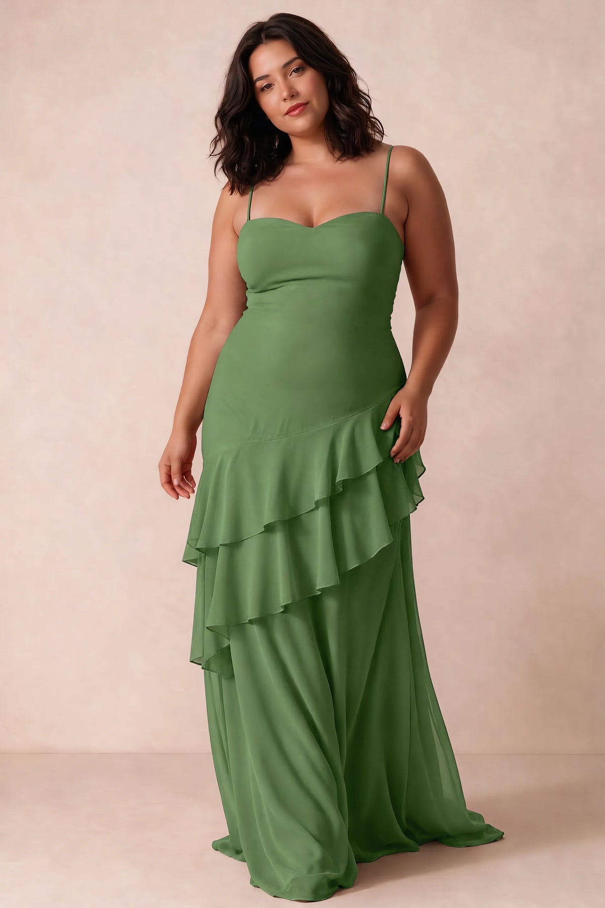 Rosalie Basil Chiffon Tiered Ruffle Sweetheart Maxi Dress