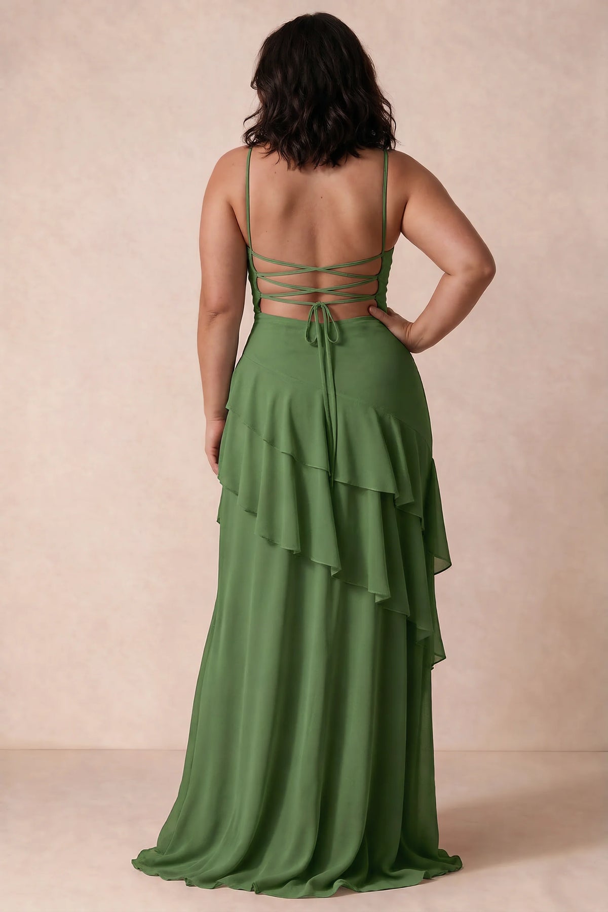 Rosalie Basil Chiffon Tiered Ruffle Sweetheart Maxi Dress