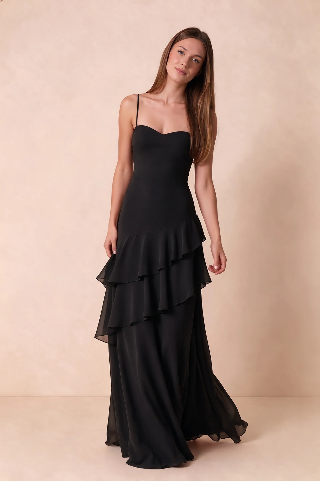 Rosalie Black Chiffon Tiered Ruffle Sweetheart Maxi Dress