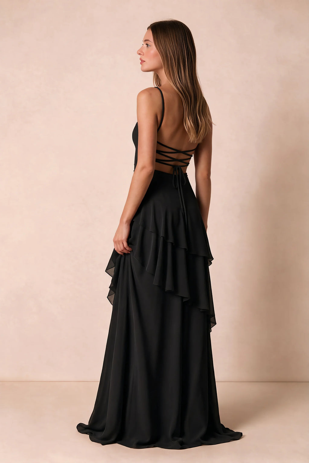 Rosalie Black Chiffon Tiered Ruffle Sweetheart Maxi Dress