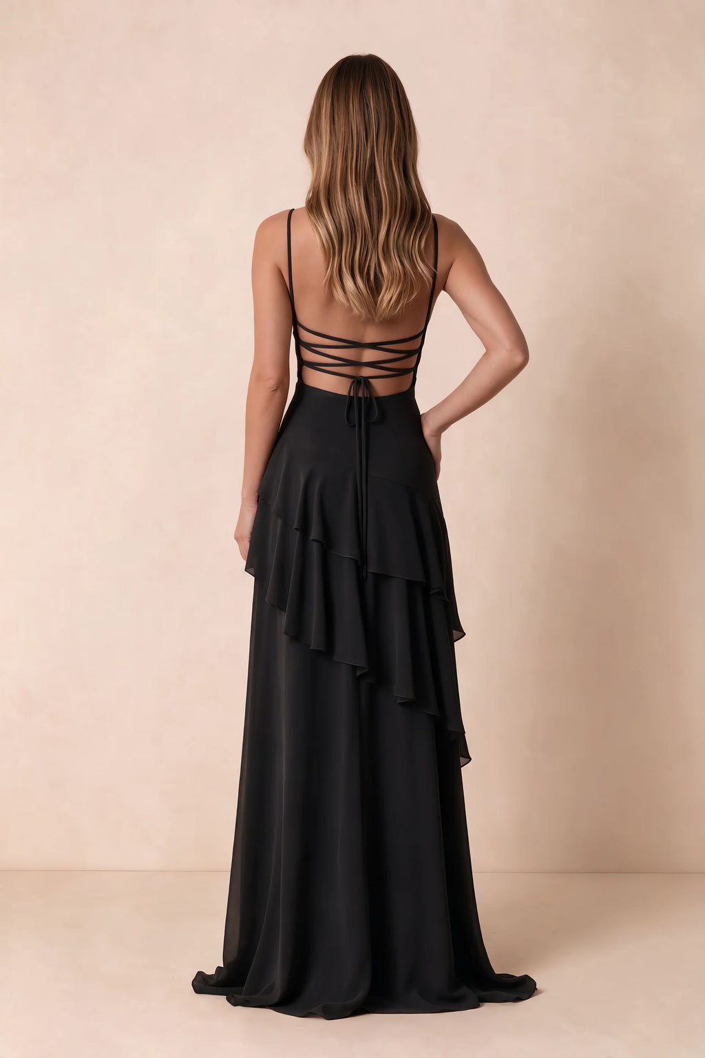 Rosalie Black Chiffon Tiered Ruffle Sweetheart Maxi Dress