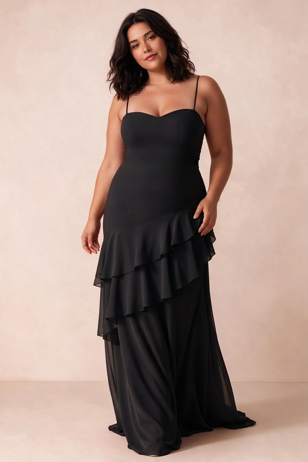 Rosalie Black Chiffon Tiered Ruffle Sweetheart Maxi Dress