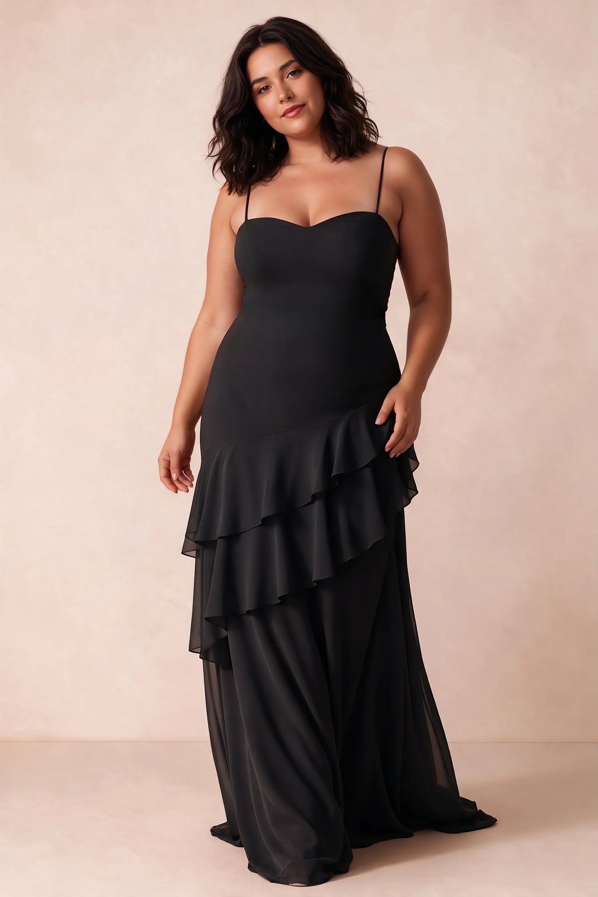 Rosalie Black Chiffon Tiered Ruffle Sweetheart Maxi Dress