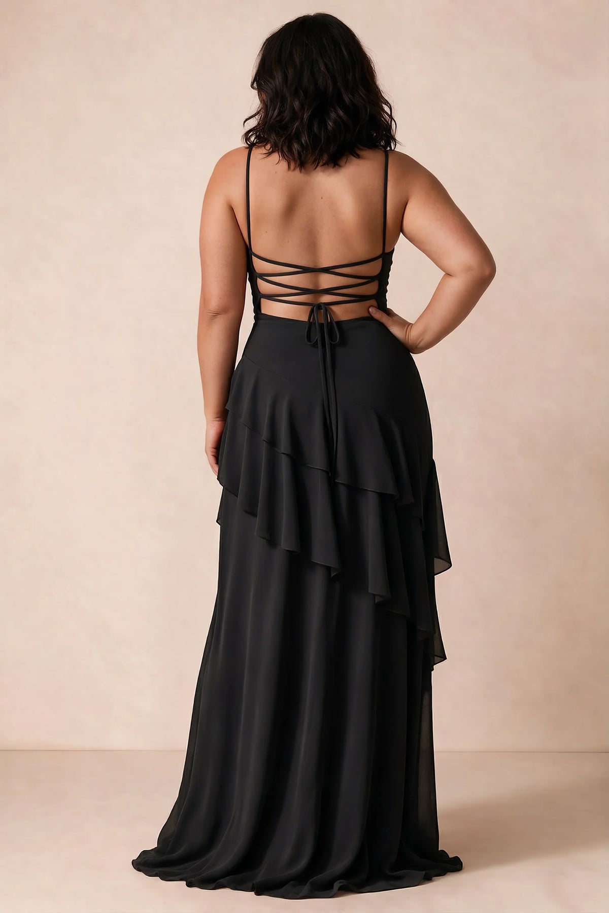 Rosalie Black Chiffon Tiered Ruffle Sweetheart Maxi Dress