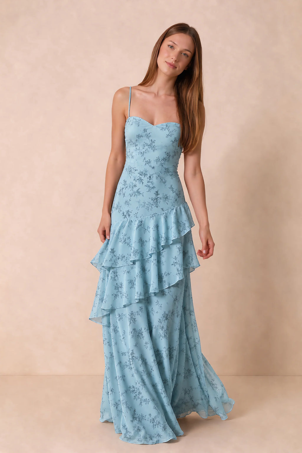 Rosalie Blue Fern Floral Chiffon Tiered Ruffle Sweetheart Maxi Dress