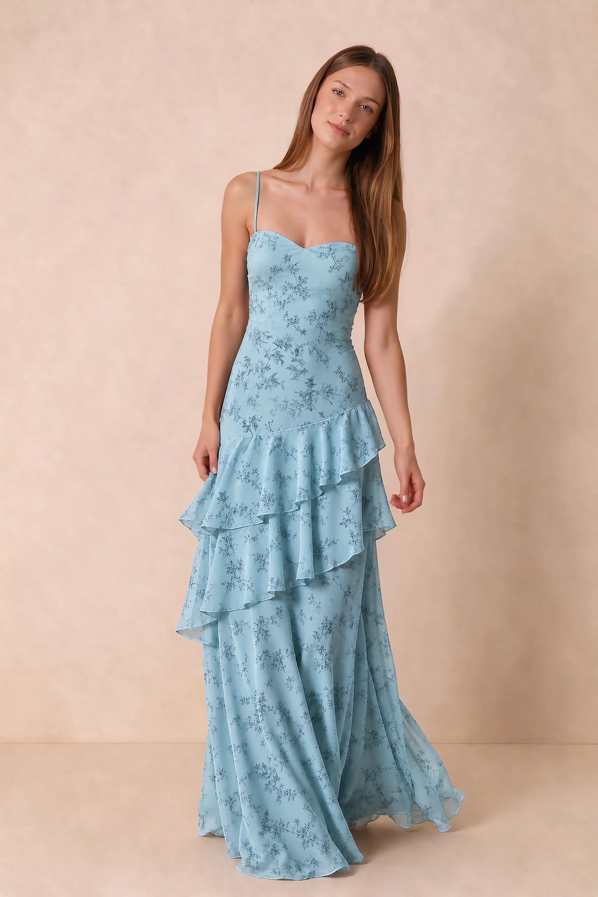 Rosalie Blue Fern Floral Chiffon Tiered Ruffle Sweetheart Maxi Dress