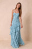 Rosalie Blue Fern Floral Chiffon Tiered Ruffle Sweetheart Maxi Dress