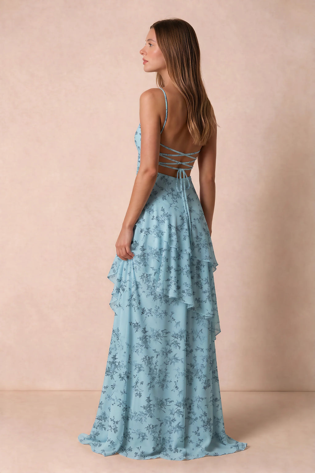 Rosalie Blue Fern Floral Chiffon Tiered Ruffle Sweetheart Maxi Dress