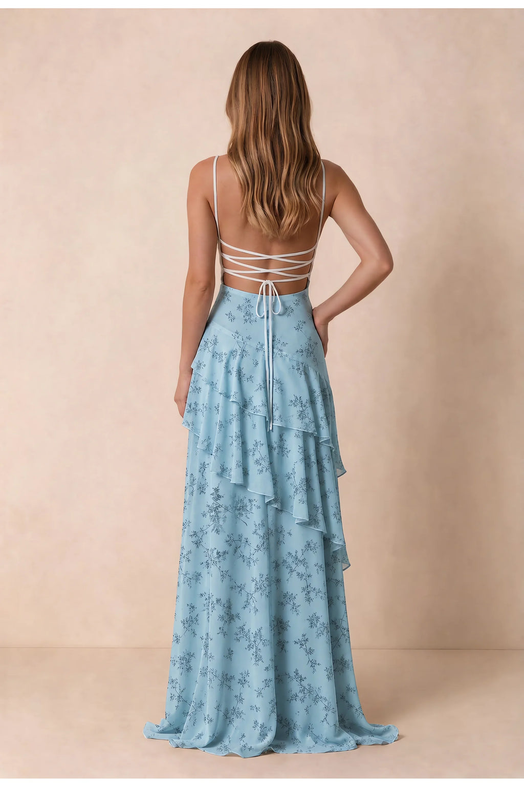 Rosalie Blue Fern Floral Chiffon Tiered Ruffle Sweetheart Maxi Dress