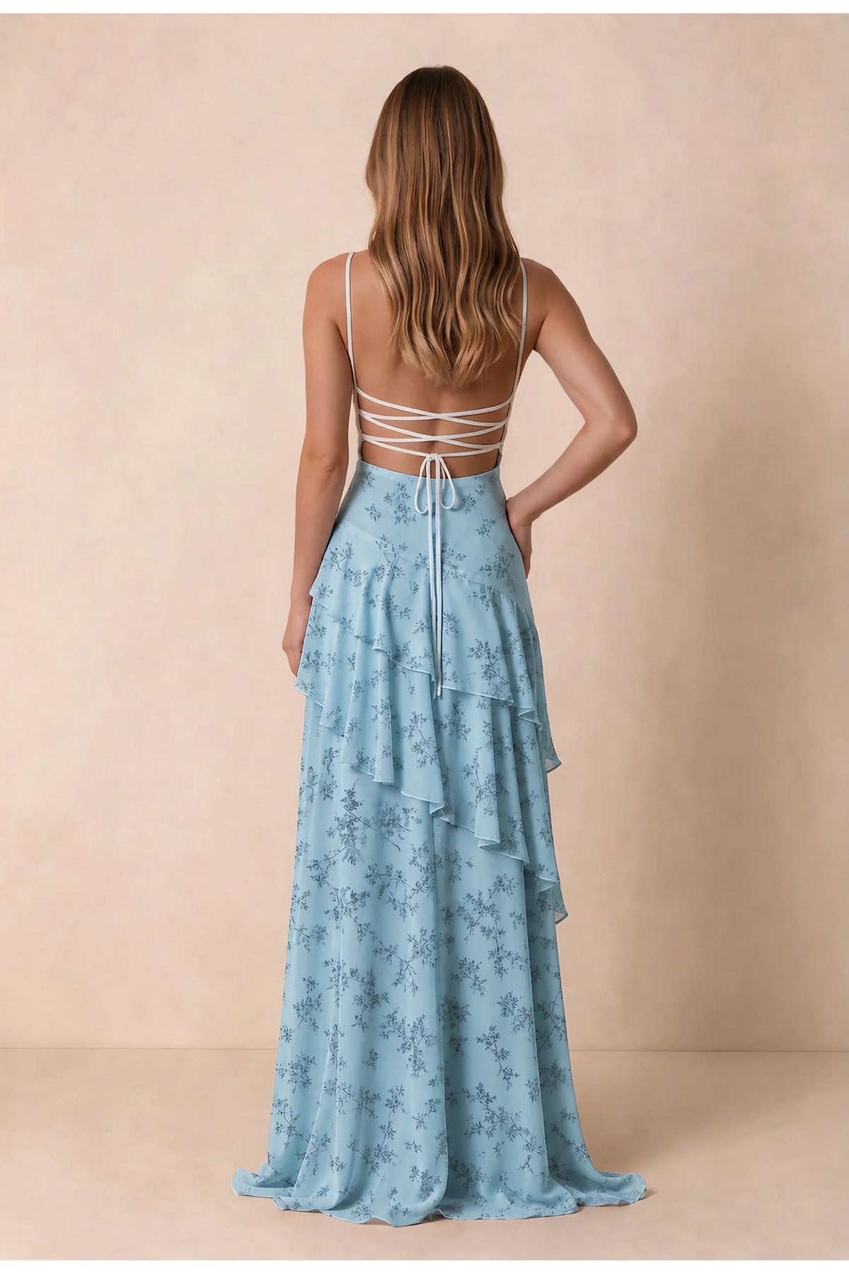 Rosalie Blue Fern Floral Chiffon Tiered Ruffle Sweetheart Maxi Dress
