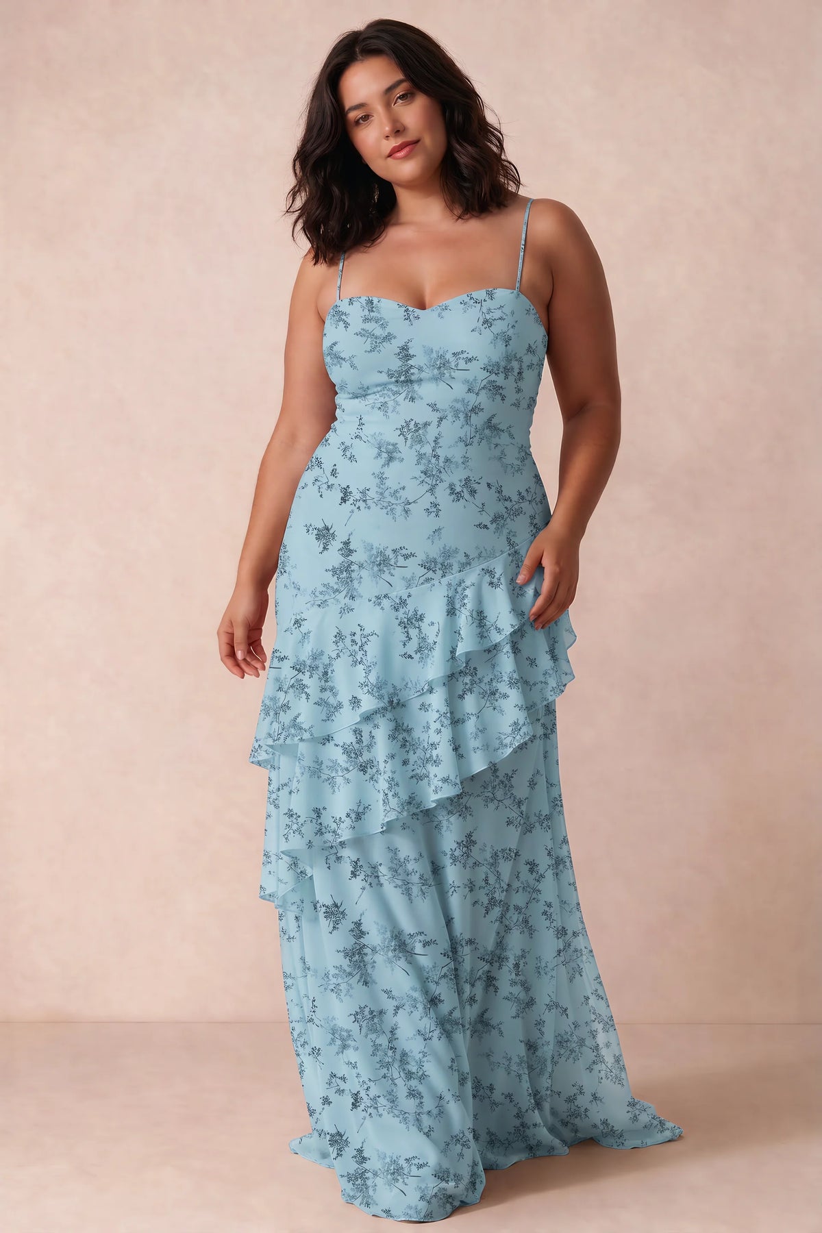 Rosalie Blue Fern Floral Chiffon Tiered Ruffle Sweetheart Maxi Dress