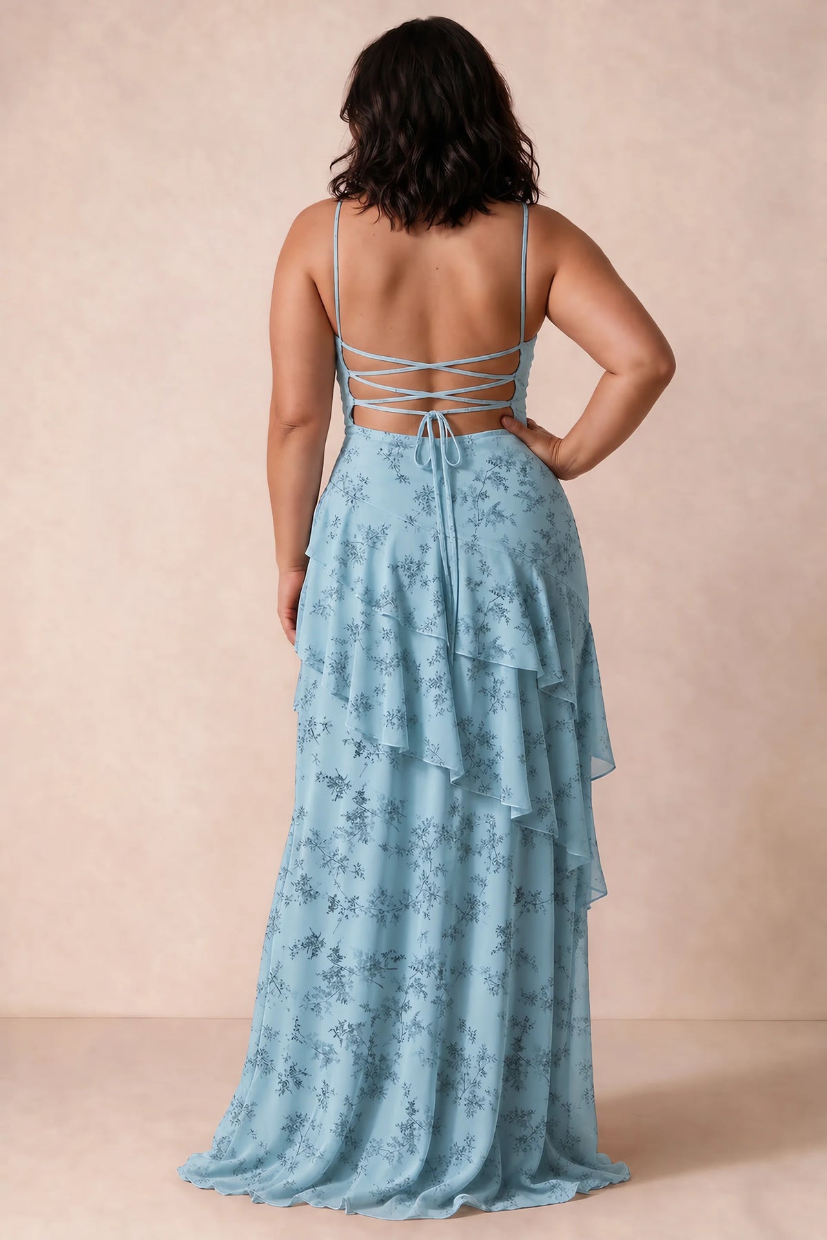 Rosalie Blue Fern Floral Chiffon Tiered Ruffle Sweetheart Maxi Dress