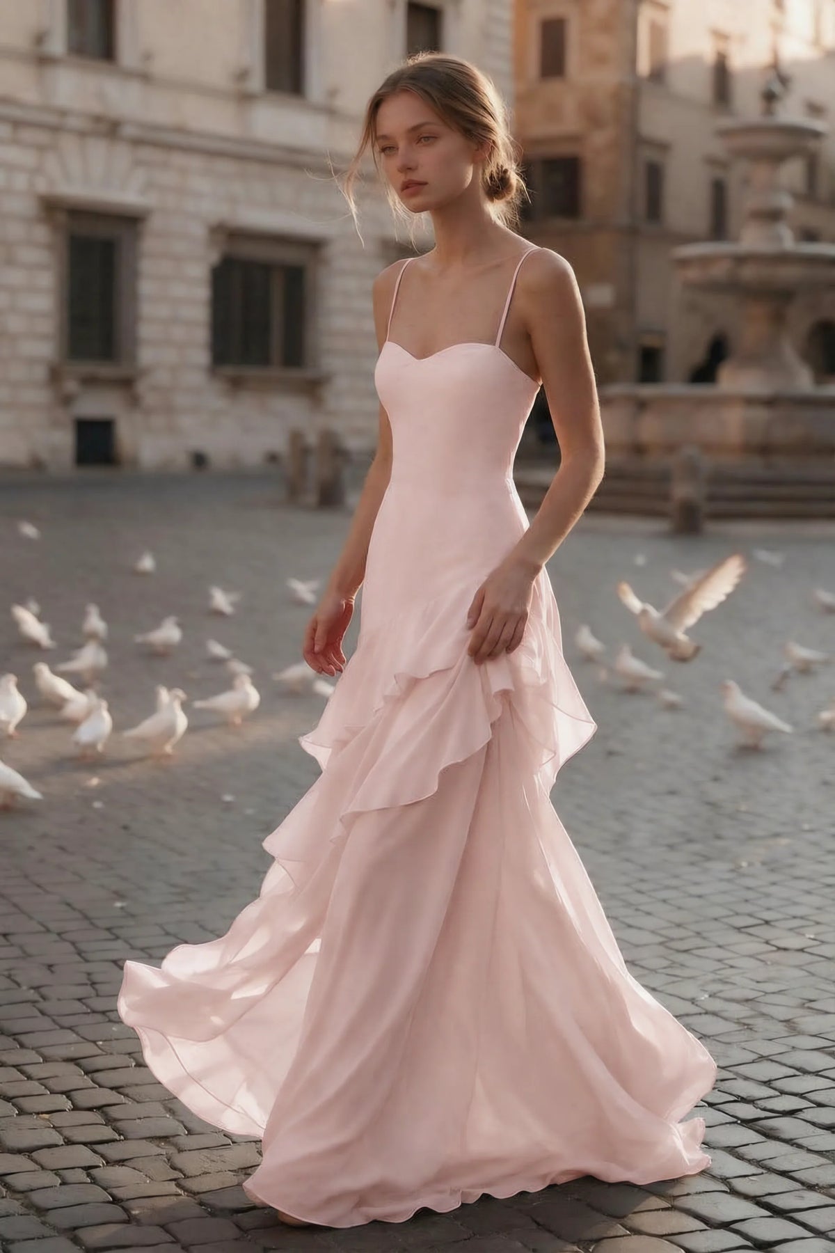 Rosalie Blush Chiffon Tiered Ruffle Sweetheart Maxi Dress