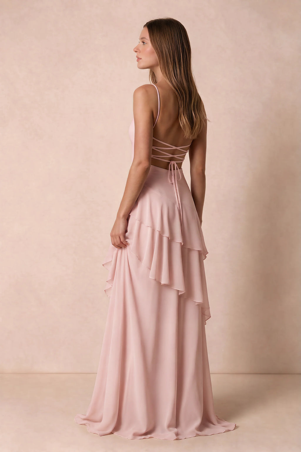 Rosalie Blush Chiffon Tiered Ruffle Sweetheart Maxi Dress