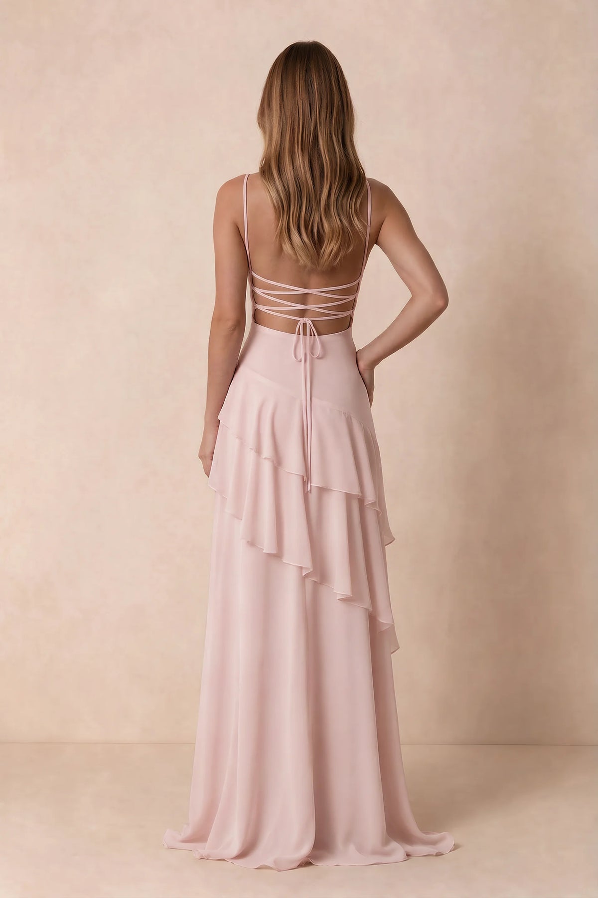 Rosalie Blush Chiffon Tiered Ruffle Sweetheart Maxi Dress