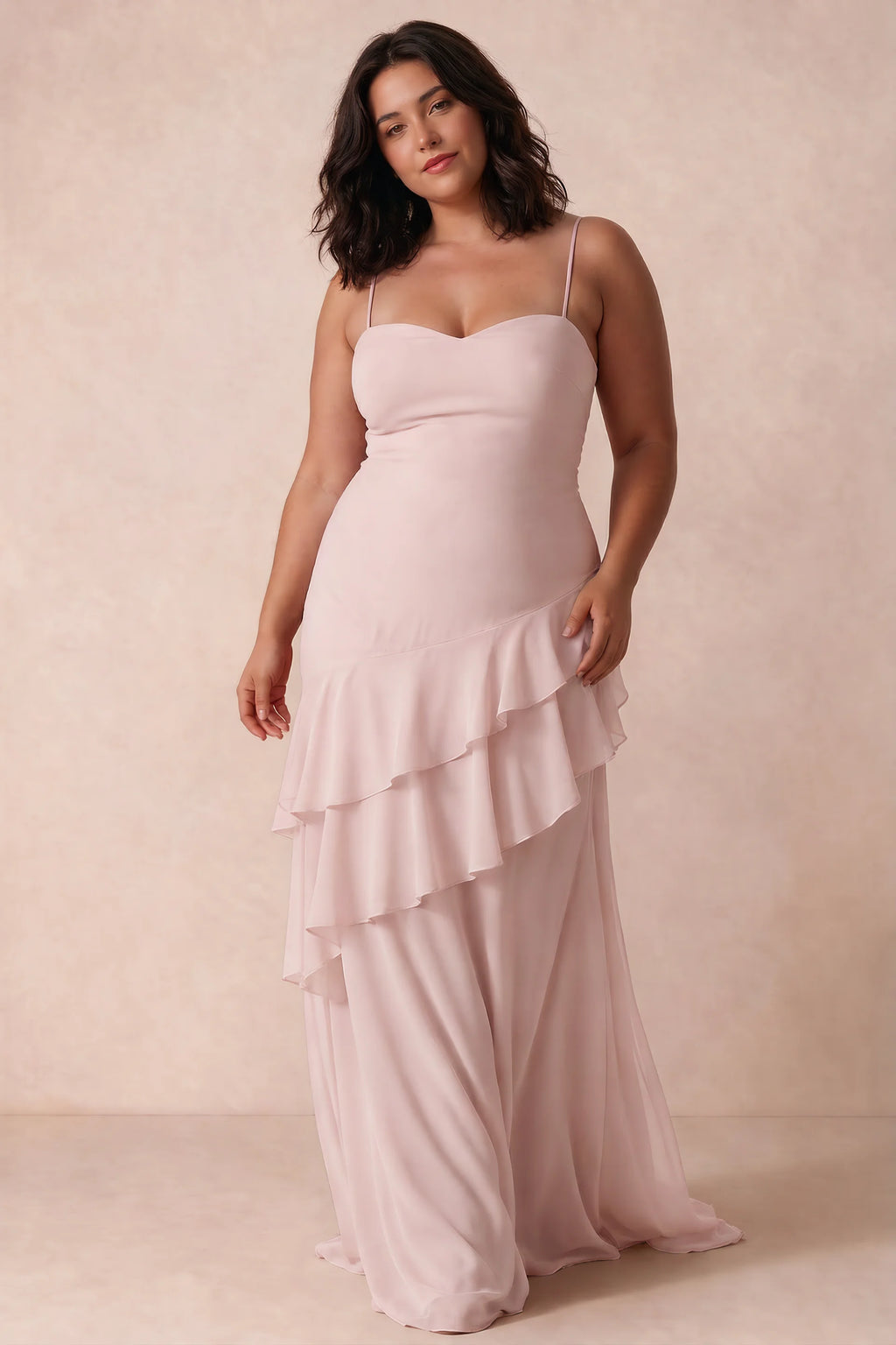 Rosalie Blush Chiffon Tiered Ruffle Sweetheart Maxi Dress