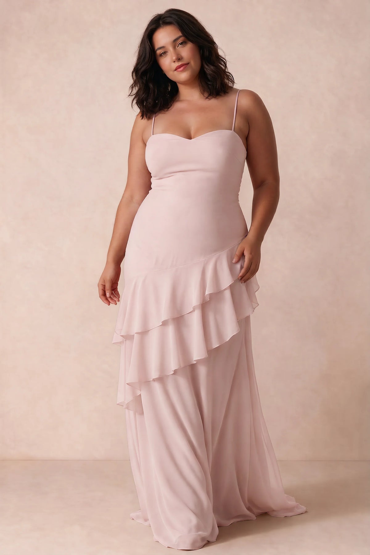 Rosalie Blush Chiffon Tiered Ruffle Sweetheart Maxi Dress