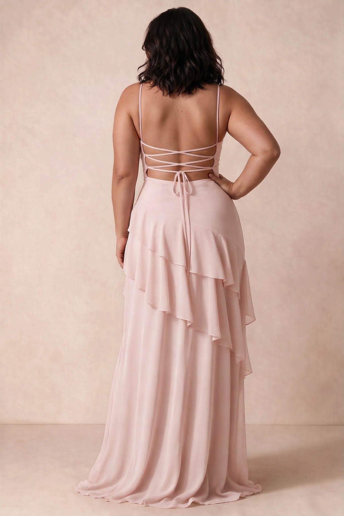 Rosalie Blush Chiffon Tiered Ruffle Sweetheart Maxi Dress