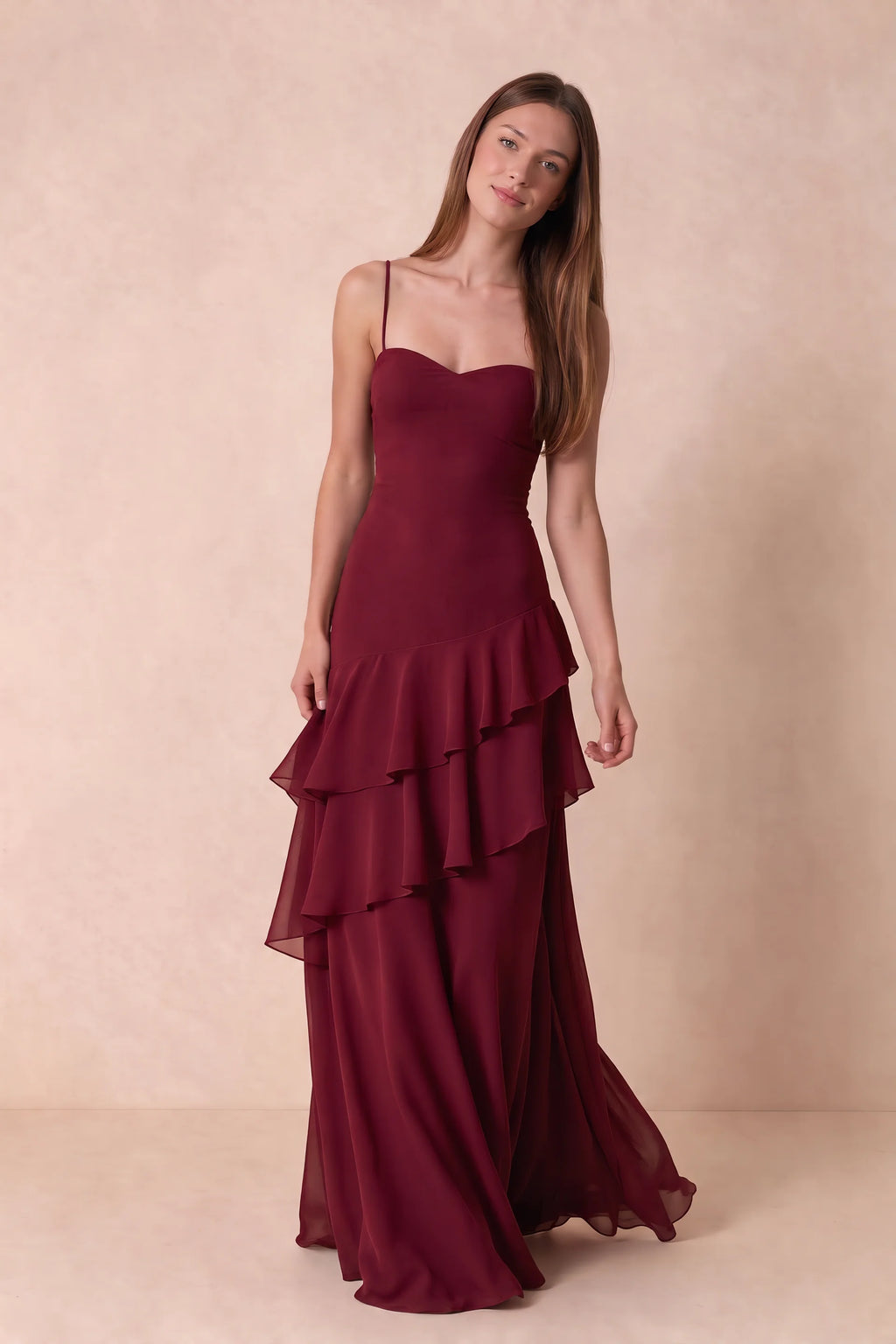 Rosalie Burgundy Chiffon Tiered Ruffle Sweetheart Maxi Dress