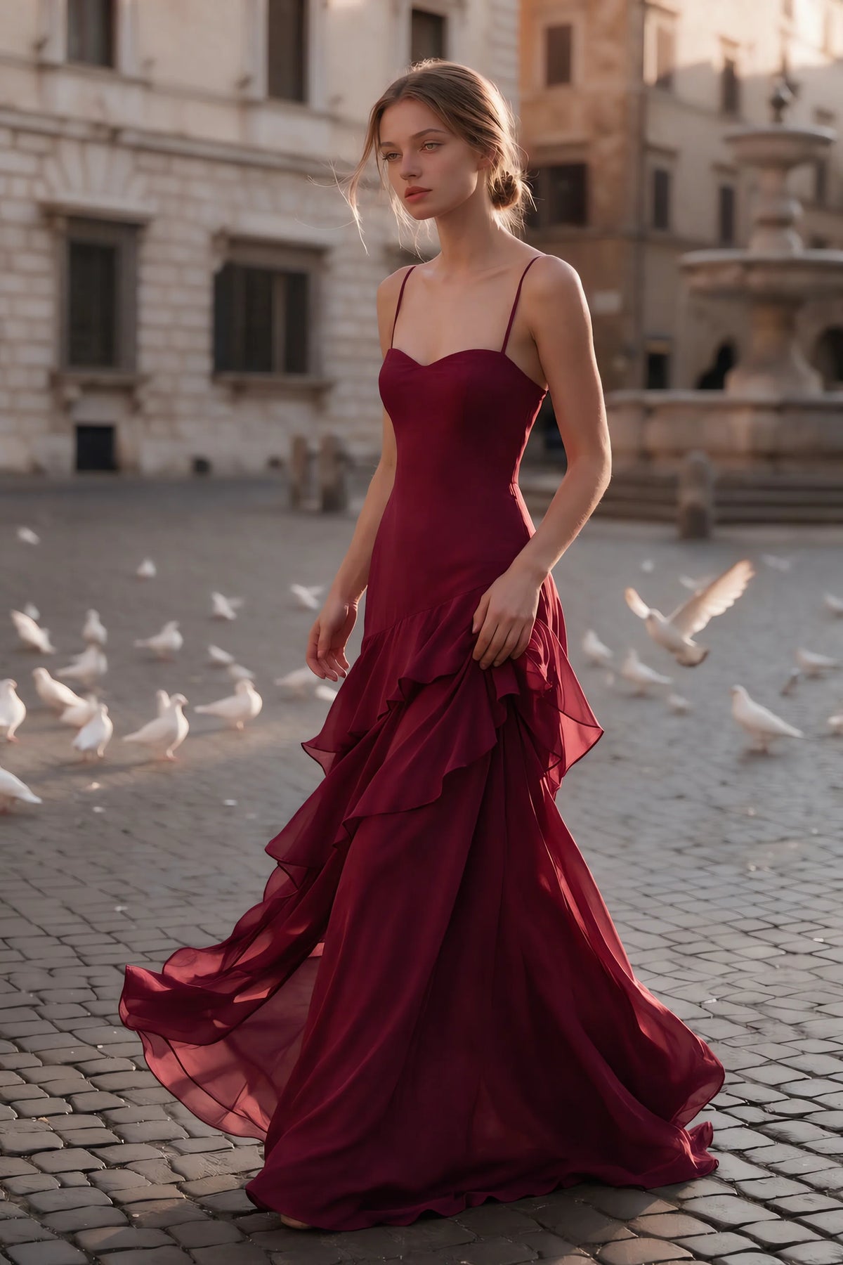 Rosalie Burgundy Chiffon Tiered Ruffle Sweetheart Maxi Dress