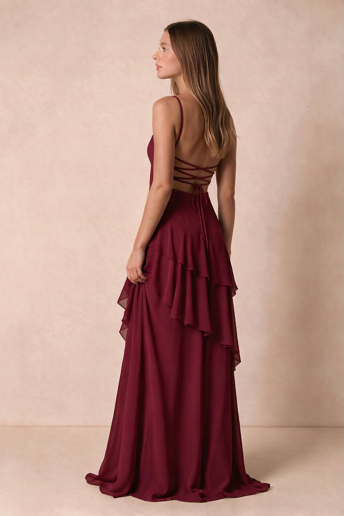 Rosalie Burgundy Chiffon Tiered Ruffle Sweetheart Maxi Dress