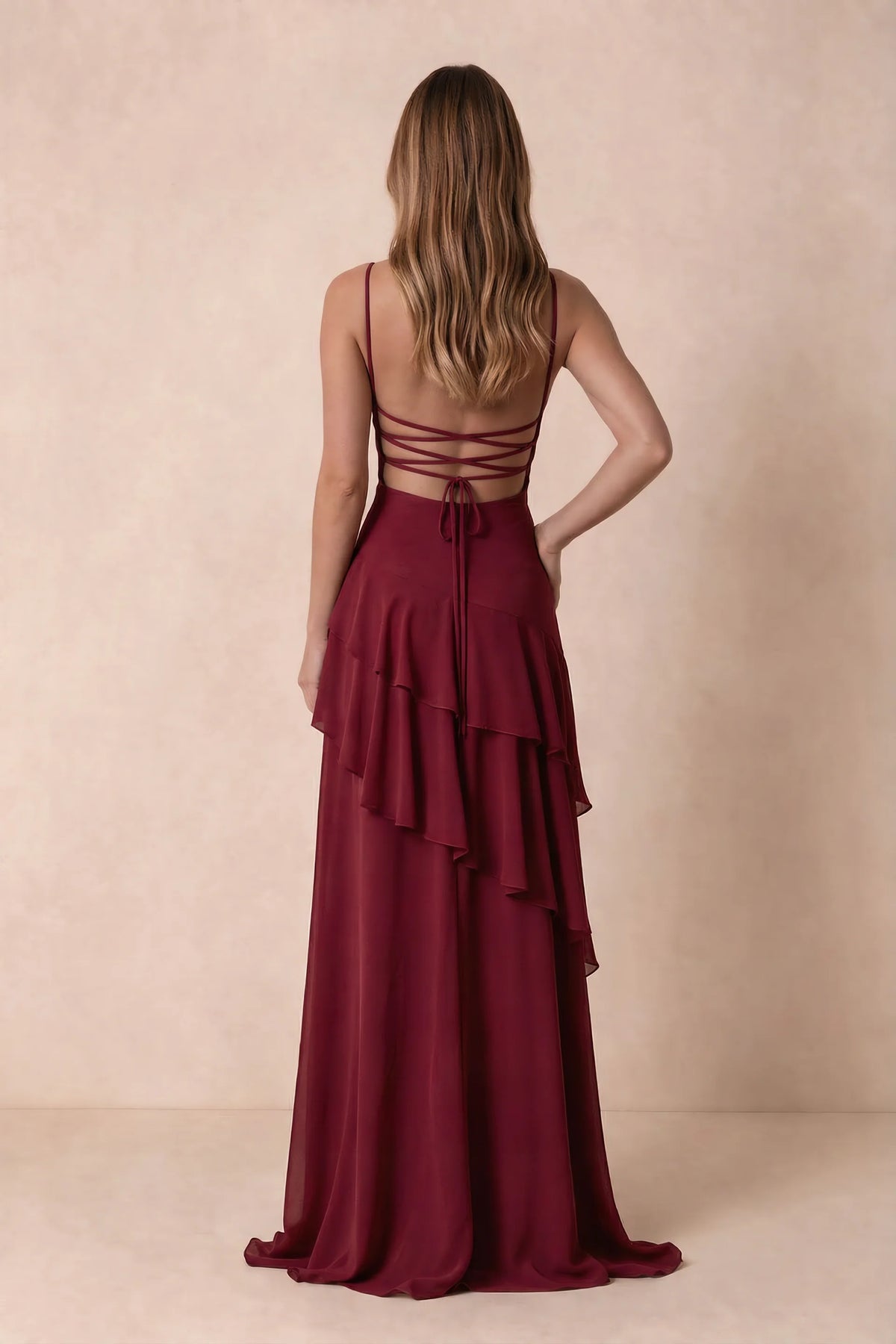 Rosalie Burgundy Chiffon Tiered Ruffle Sweetheart Maxi Dress