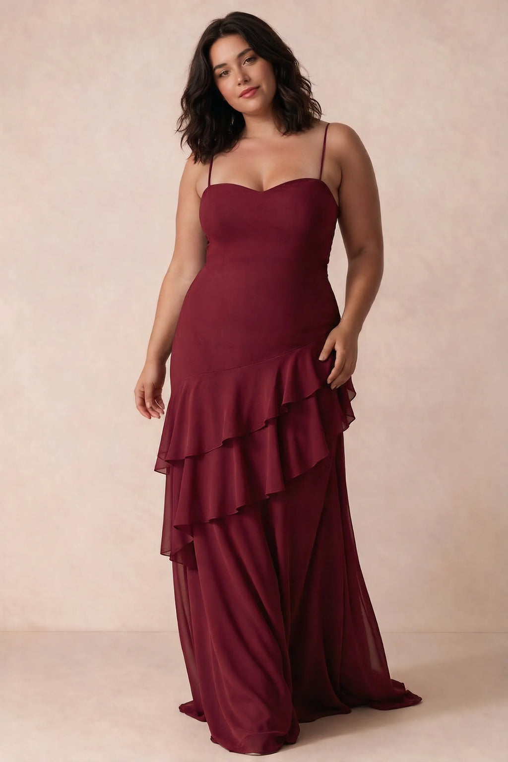 Rosalie Burgundy Chiffon Tiered Ruffle Sweetheart Maxi Dress