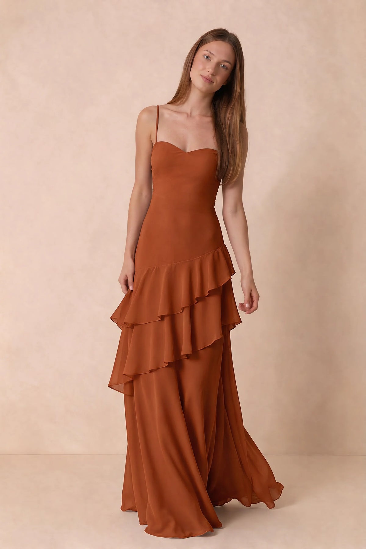 Rosalie Burnt Orange Chiffon Tiered Ruffle Sweetheart Maxi Dress
