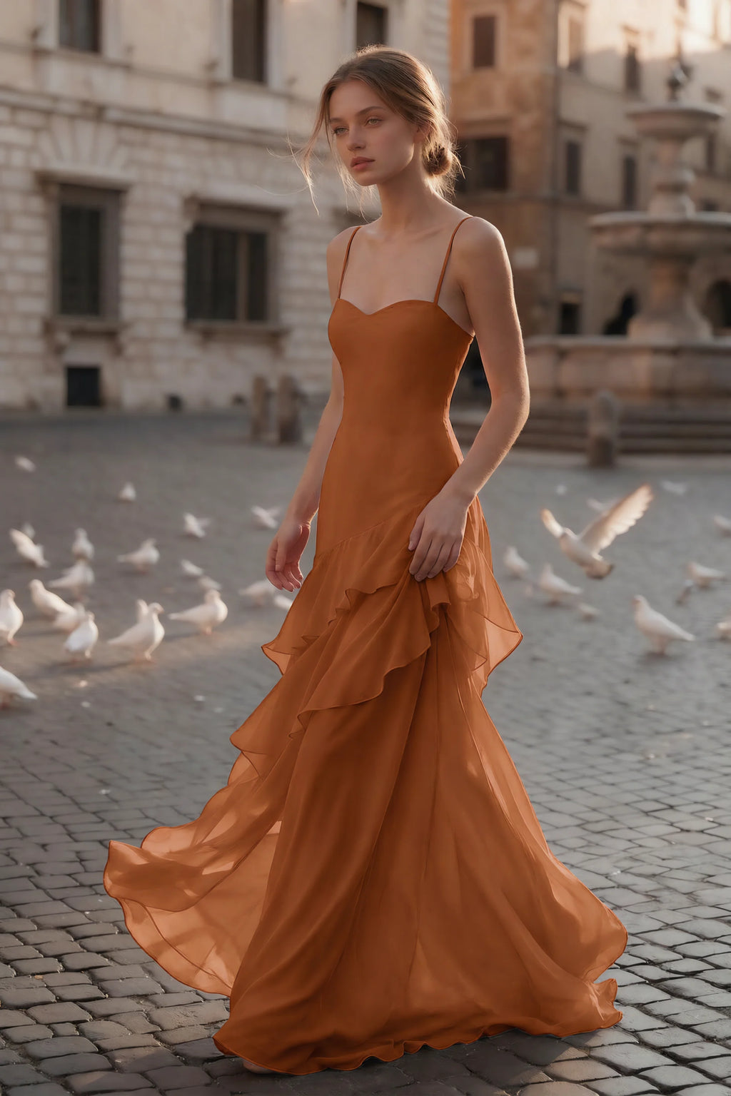 Rosalie Burnt Orange Chiffon Tiered Ruffle Sweetheart Maxi Dress