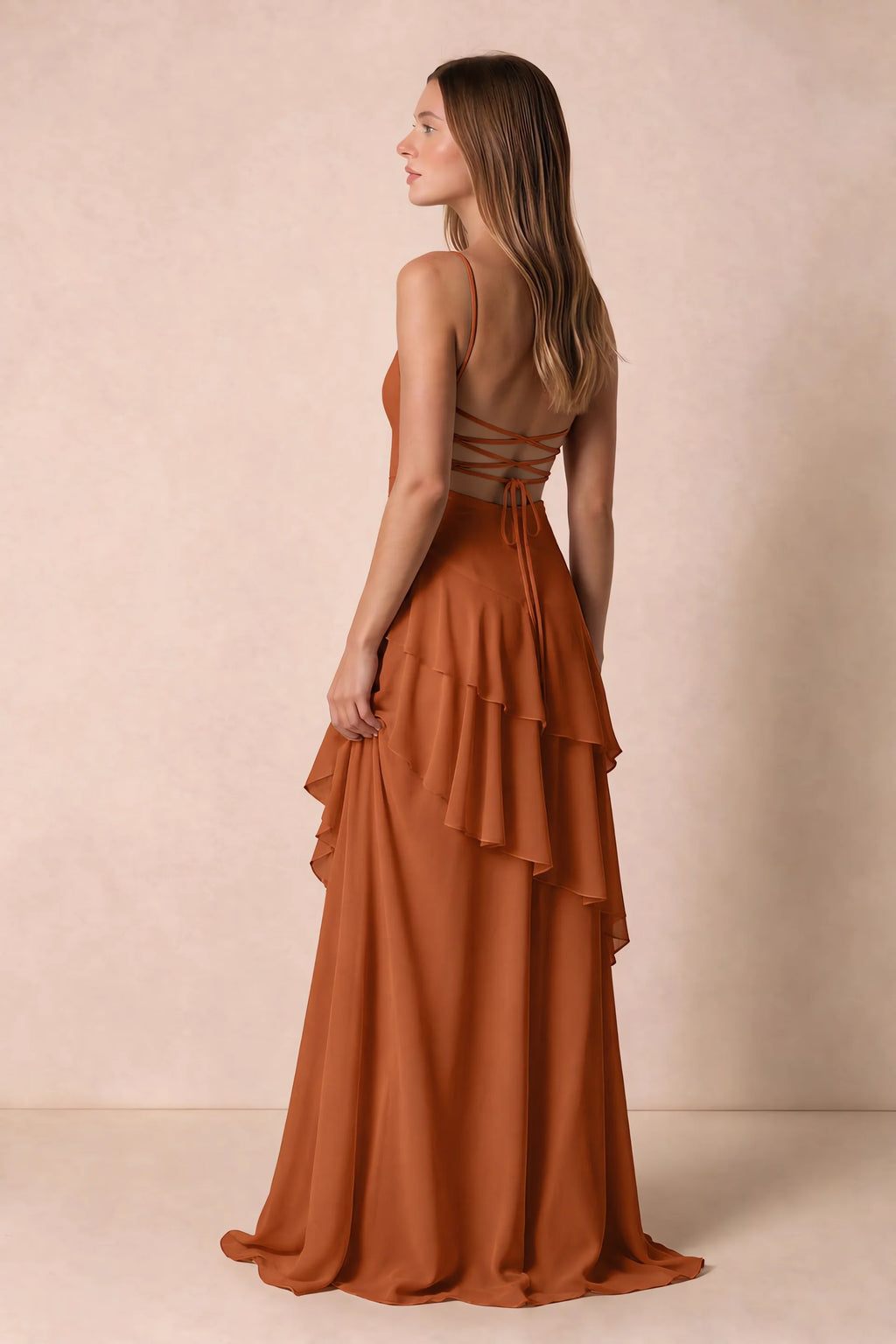 Rosalie Burnt Orange Chiffon Tiered Ruffle Sweetheart Maxi Dress