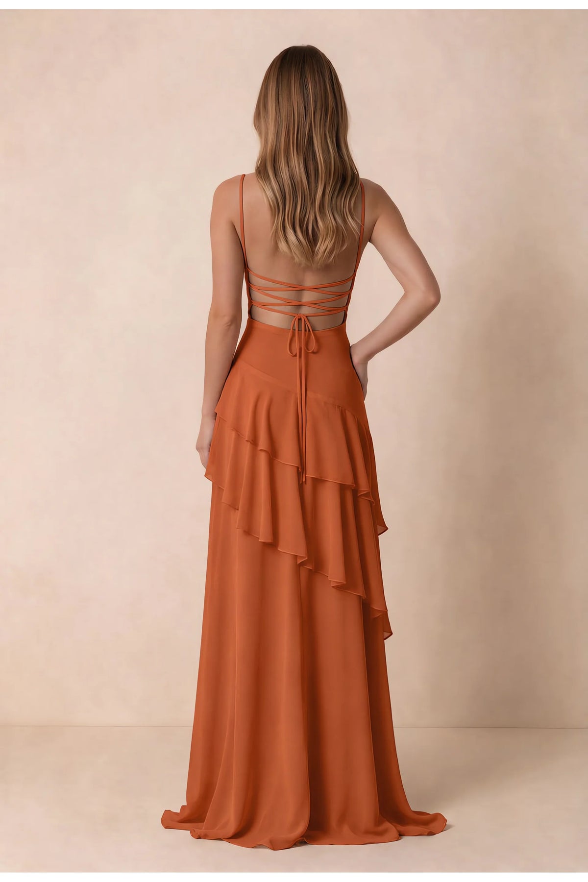 Rosalie Burnt Orange Chiffon Tiered Ruffle Sweetheart Maxi Dress