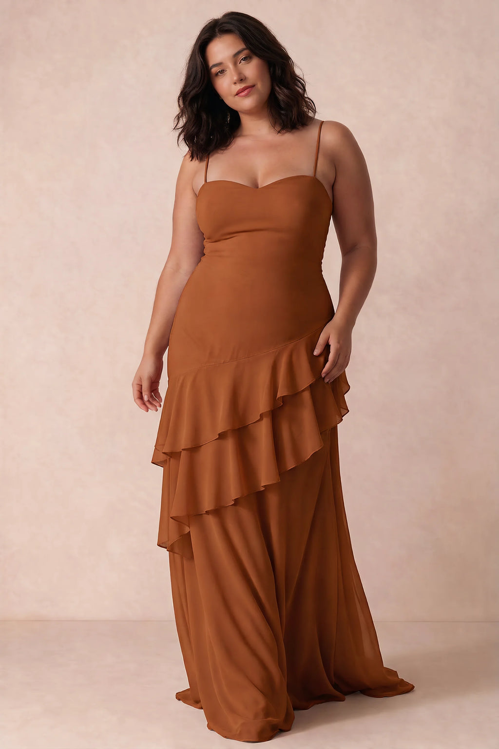 Rosalie Burnt Orange Chiffon Tiered Ruffle Sweetheart Maxi Dress