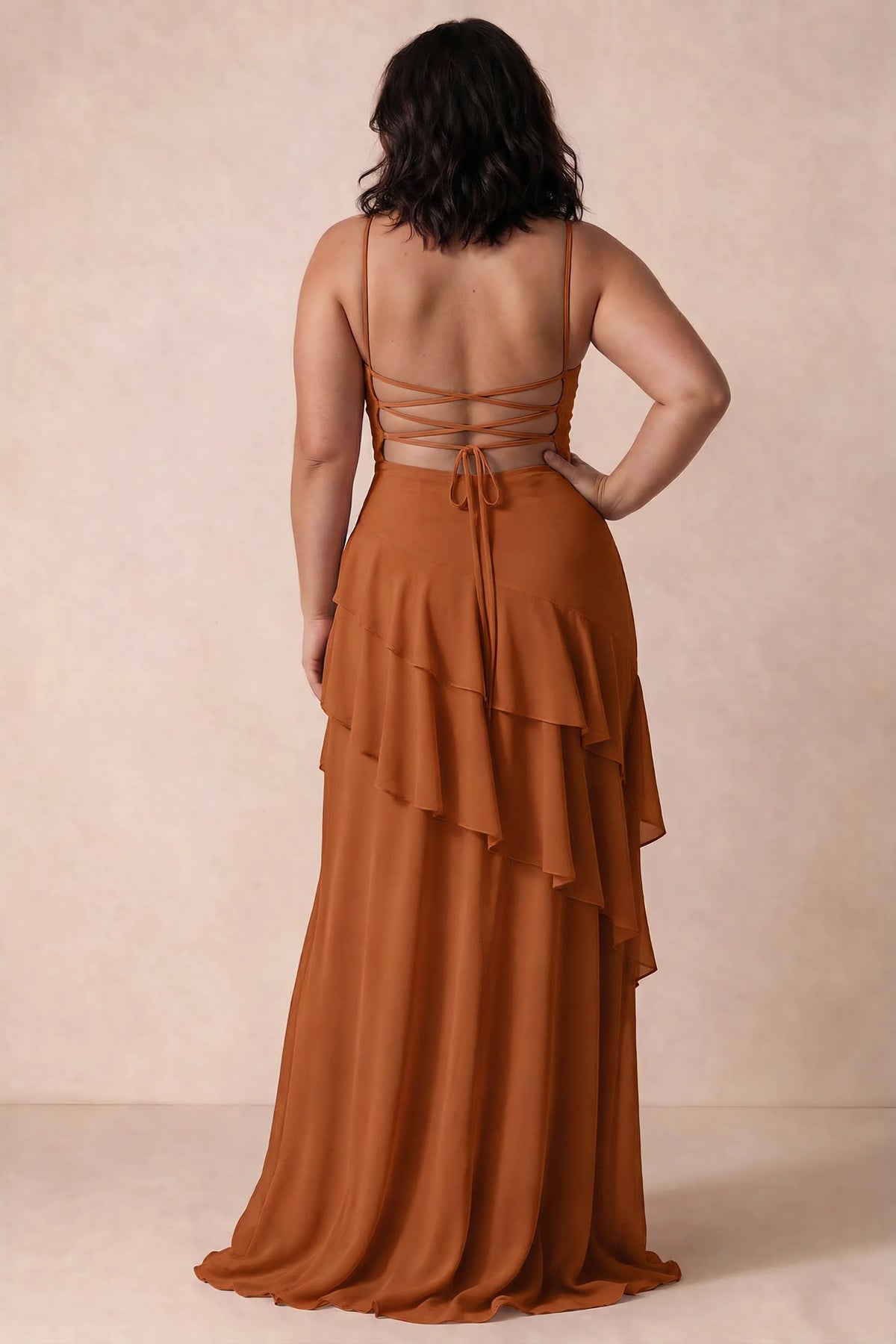 Rosalie Burnt Orange Chiffon Tiered Ruffle Sweetheart Maxi Dress