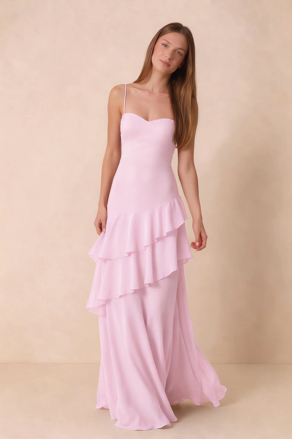 Rosalie Candy Pink Chiffon Tiered Ruffle Sweetheart Maxi Dress