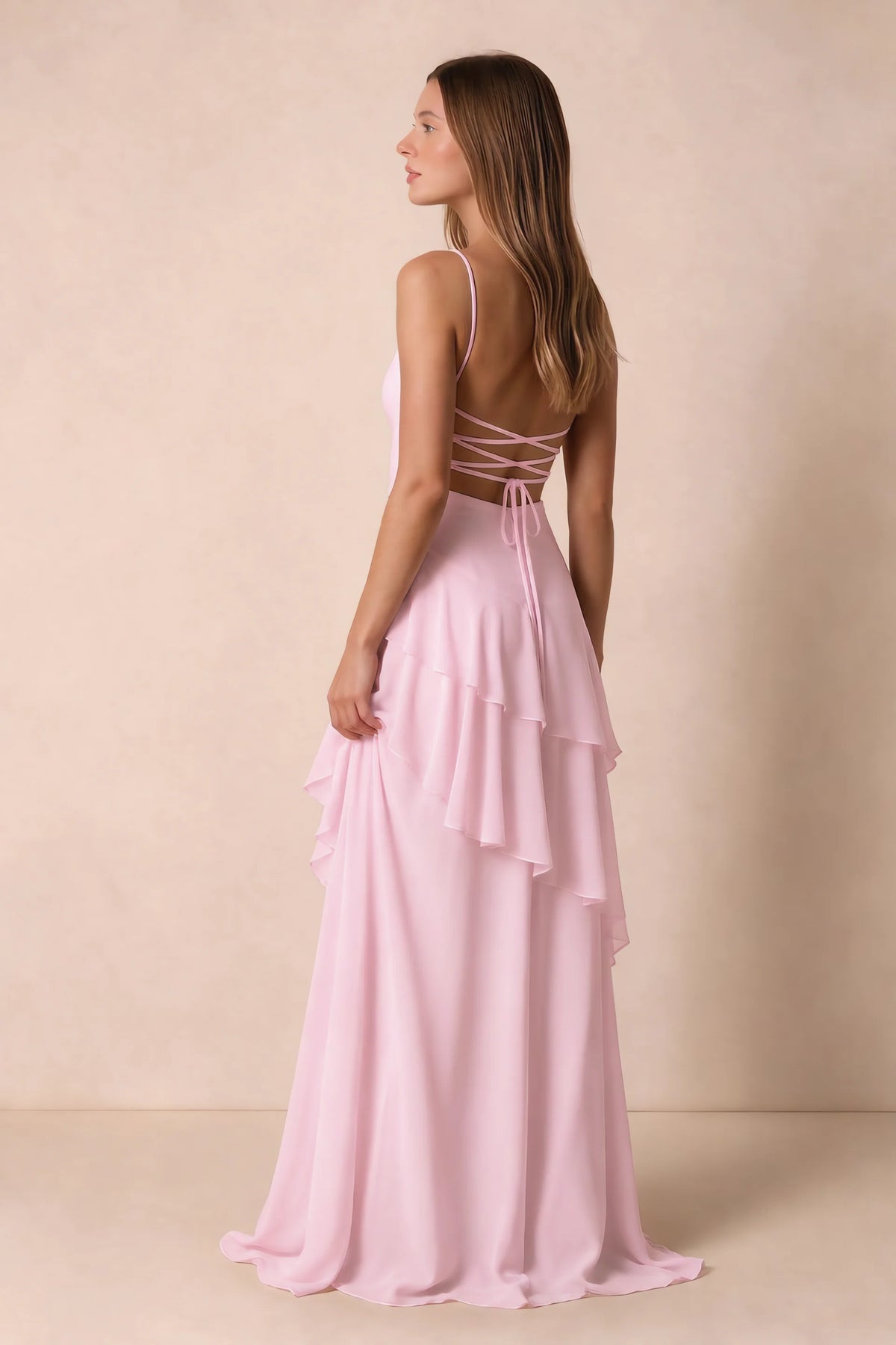 Rosalie Candy Pink Chiffon Tiered Ruffle Sweetheart Maxi Dress