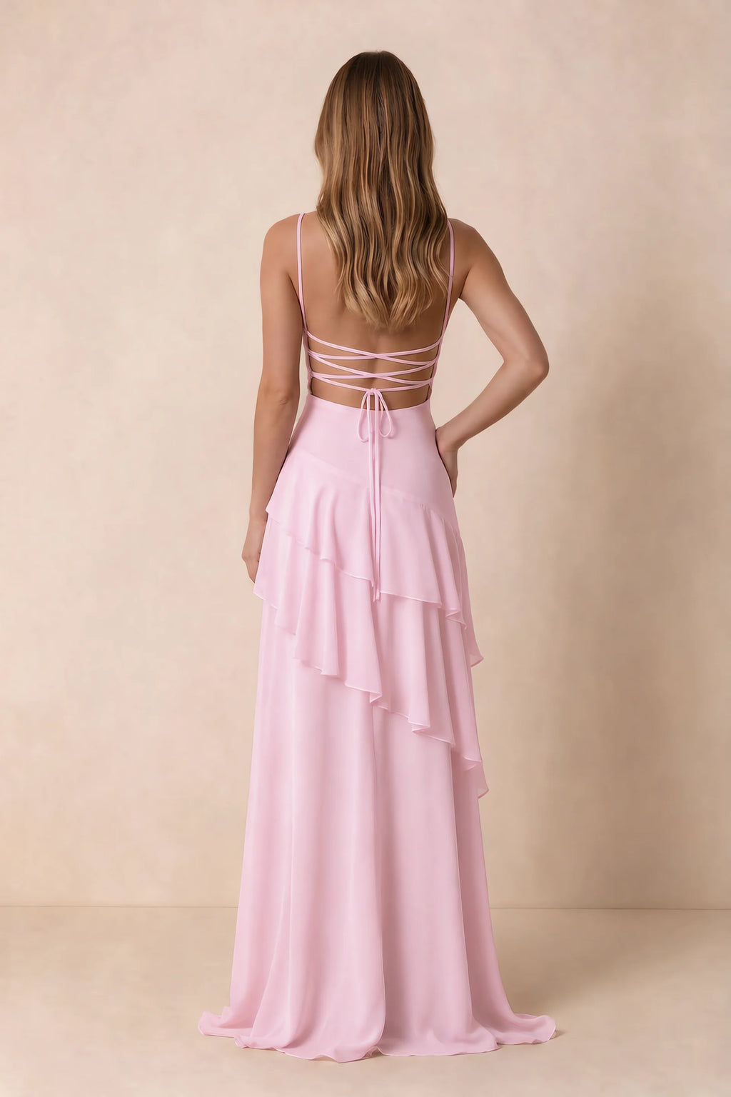 Rosalie Candy Pink Chiffon Tiered Ruffle Sweetheart Maxi Dress