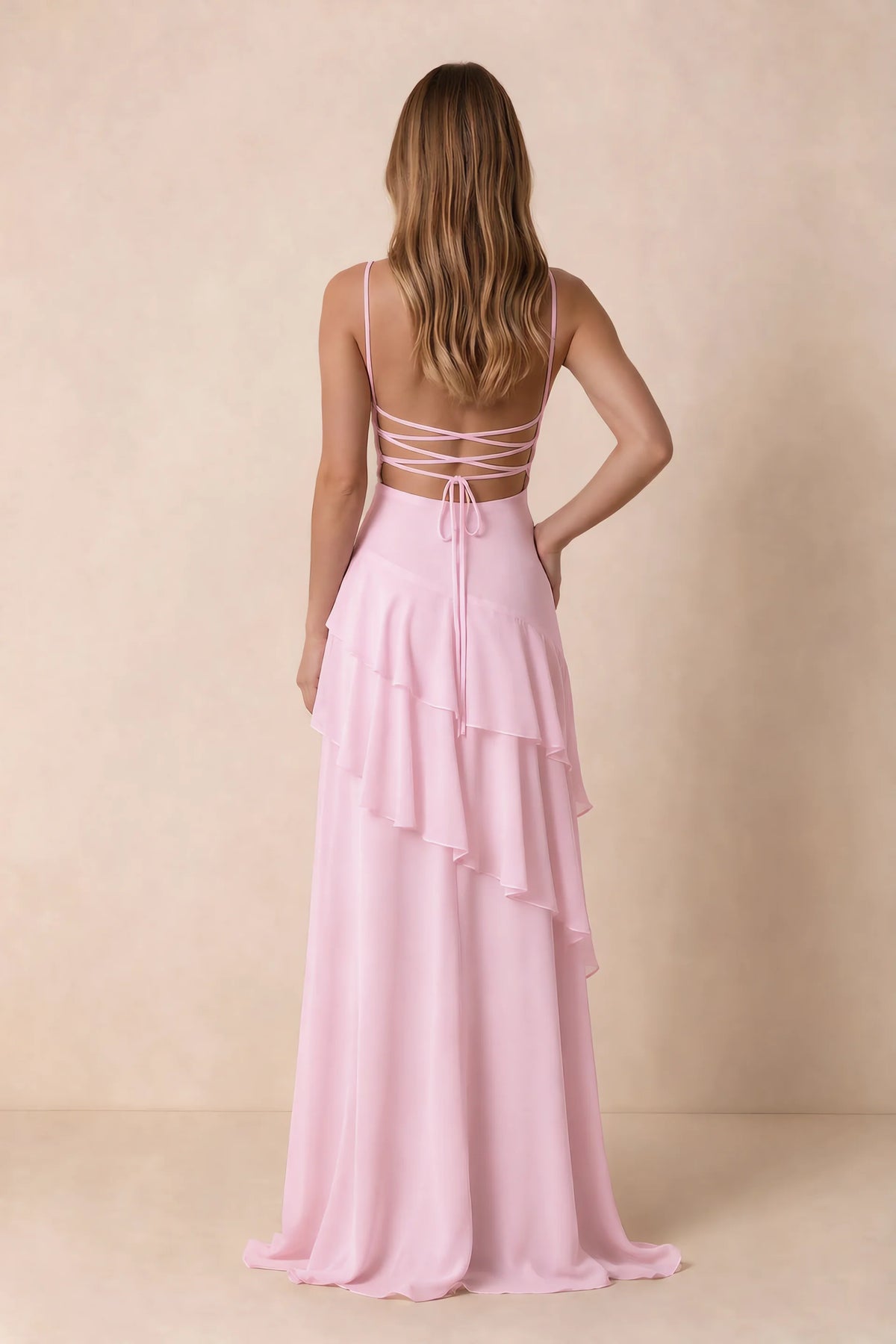 Rosalie Candy Pink Chiffon Tiered Ruffle Sweetheart Maxi Dress