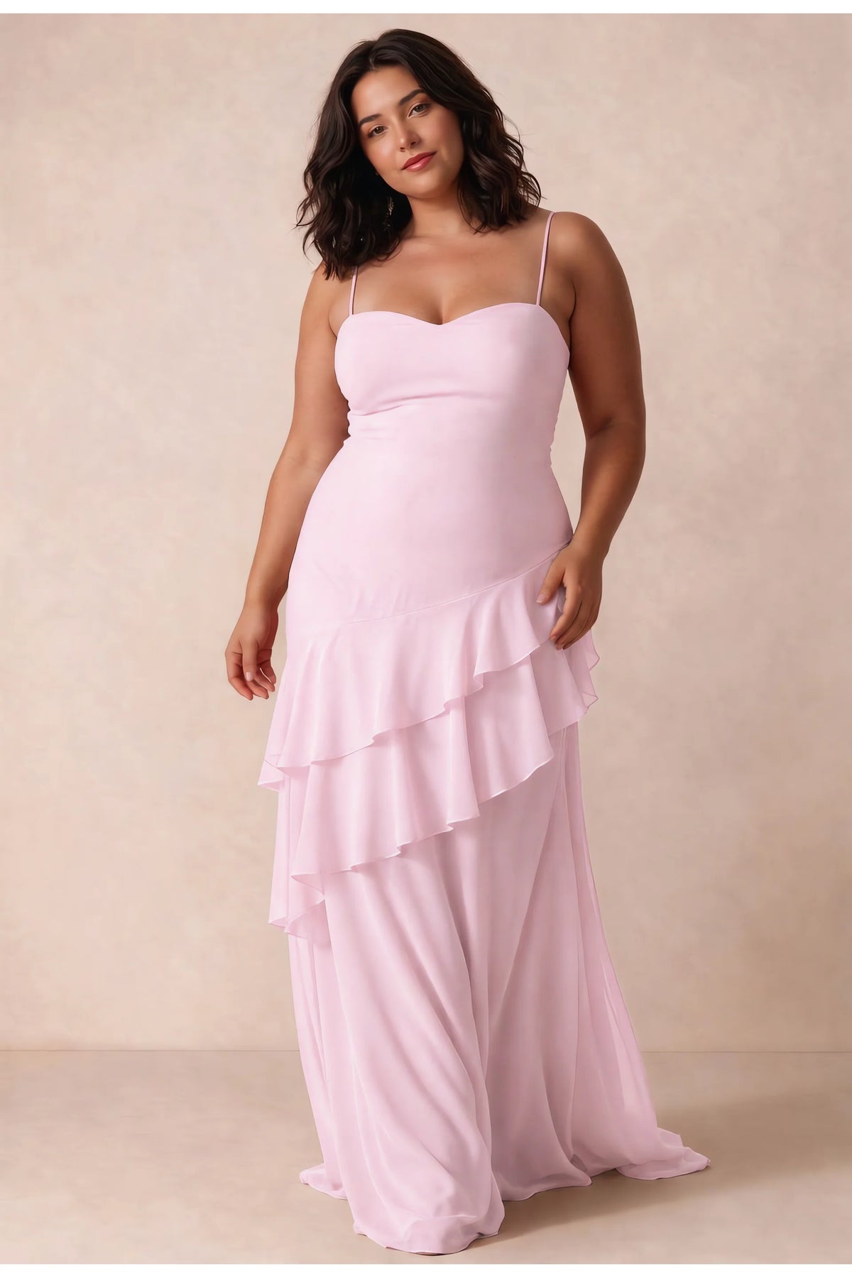 Rosalie Candy Pink Chiffon Tiered Ruffle Sweetheart Maxi Dress