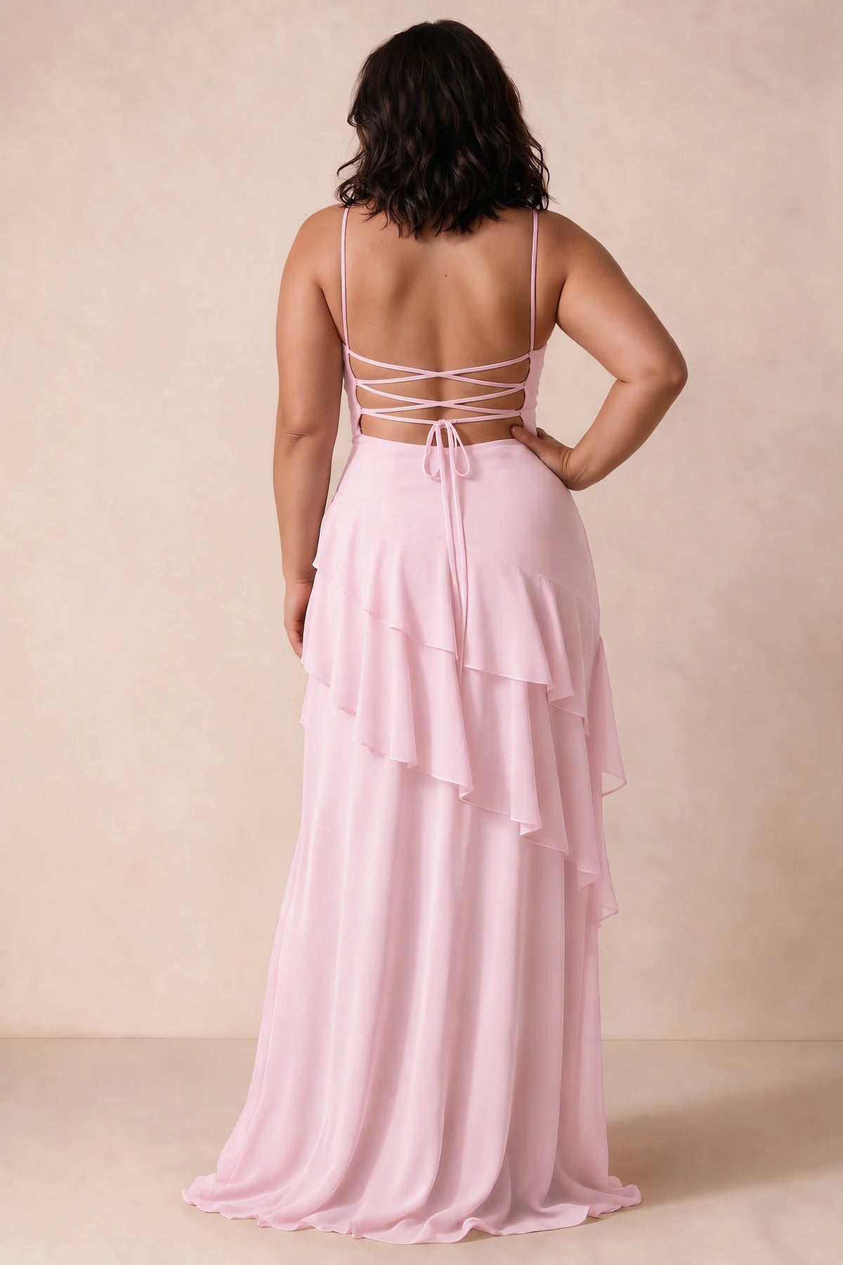 Rosalie Candy Pink Chiffon Tiered Ruffle Sweetheart Maxi Dress