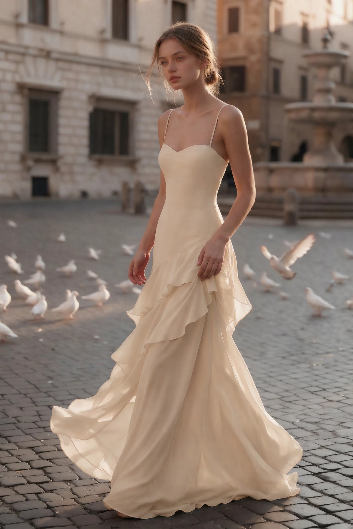 Rosalie Champagne Chiffon Tiered Ruffle Sweetheart Maxi Dress