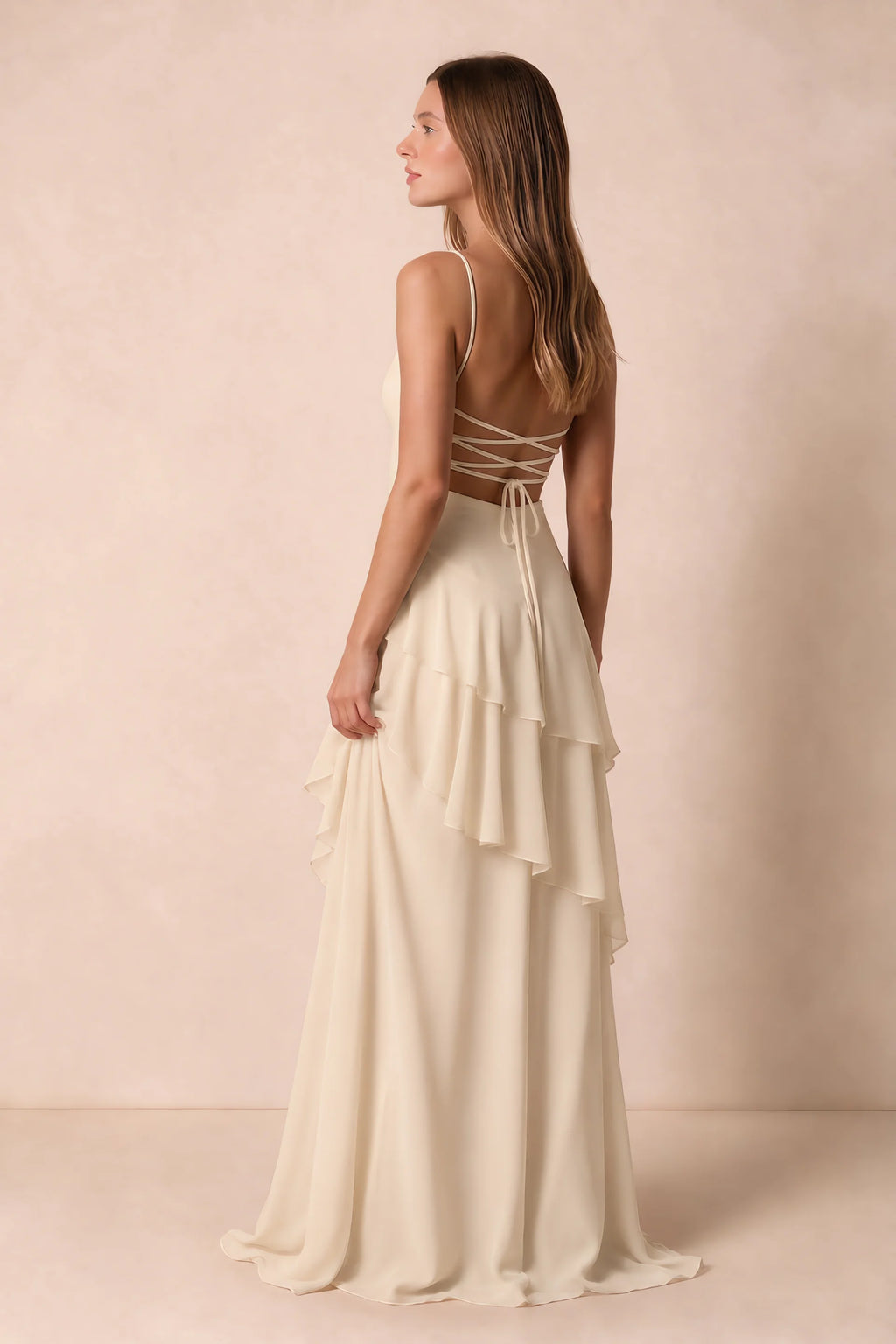Rosalie Champagne Chiffon Tiered Ruffle Sweetheart Maxi Dress